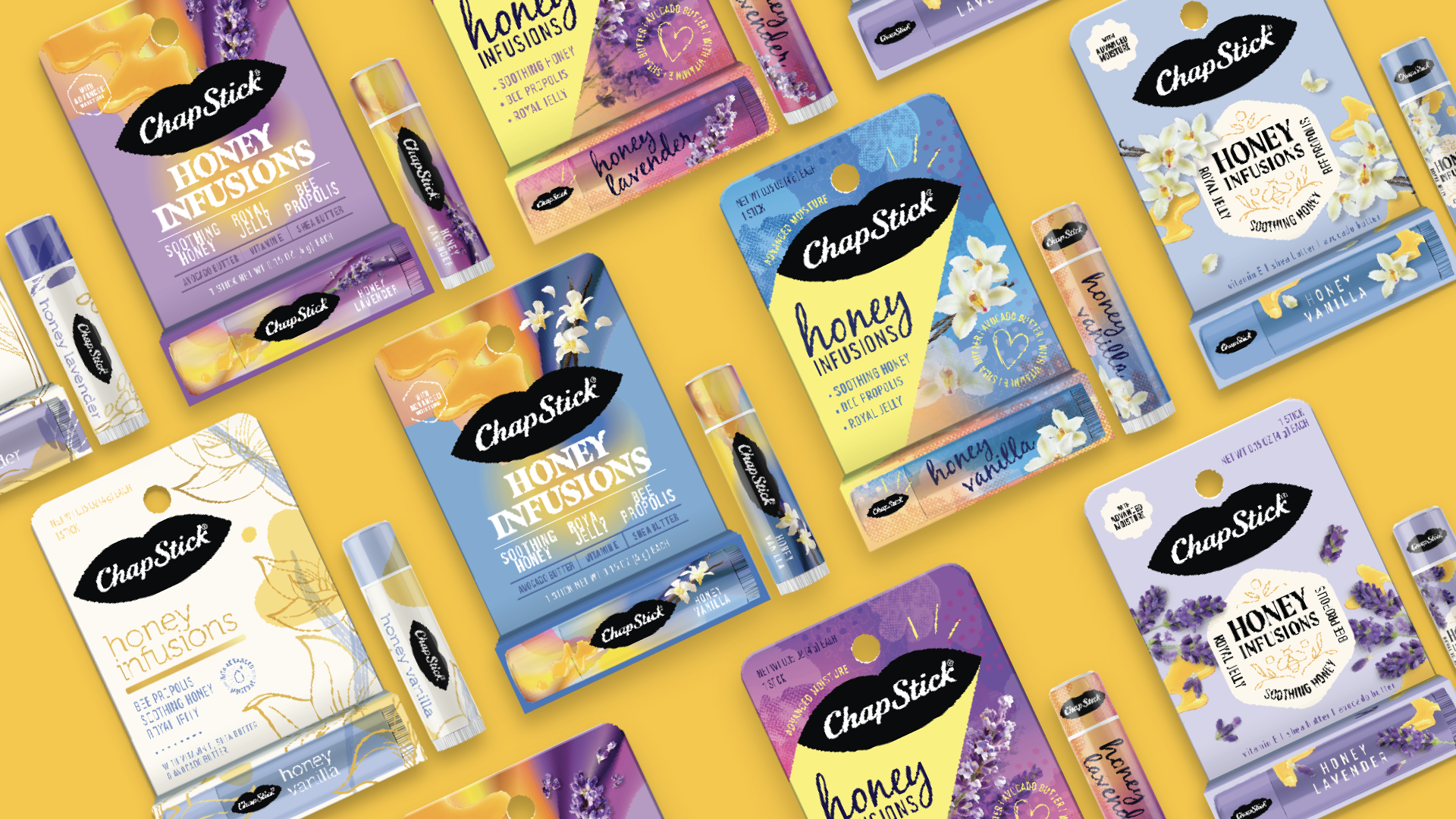 Assorted ChapStick honey-infused lip balm packages in various flavors and colors arranged on a yellow background.