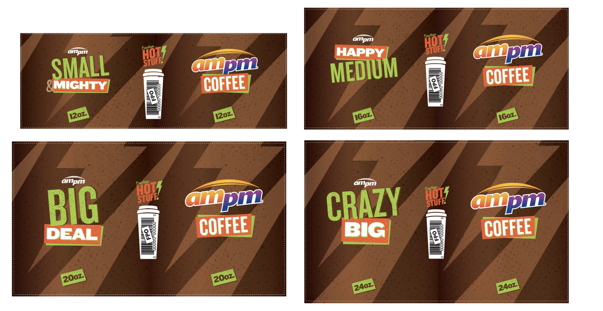 Set of four coffee-related labels with brown background and lightning bolt pattern, each with different bold green, white, red, purple, and orange text indicating coffee size and type: small mighty 12oz, happy medium 16oz, big deal 20oz, crazy big 24oz, with barcode and hot stuff caution symbols.