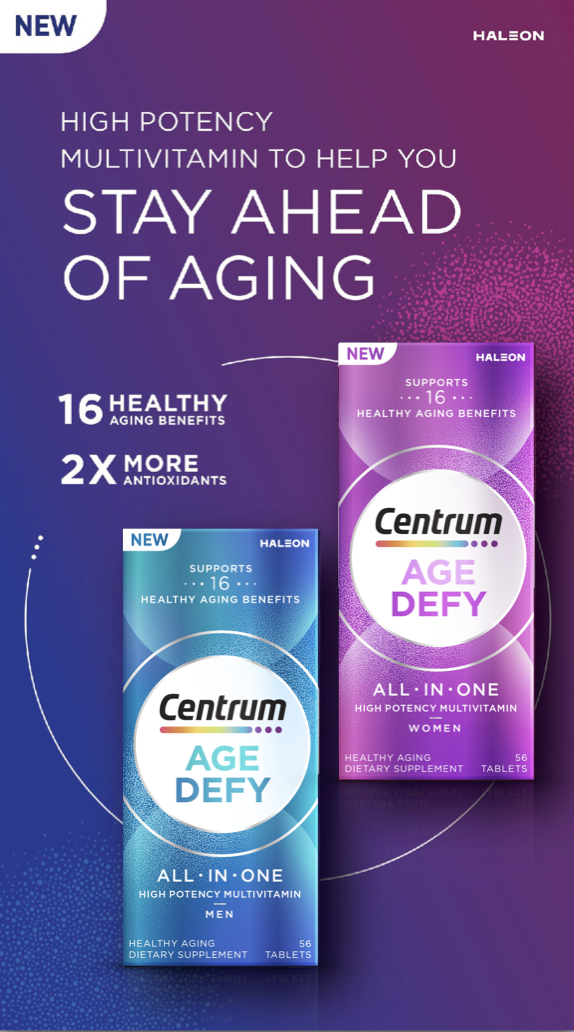 Advertisement for Centrum Age Defy multivitamins, featuring two box designs, one for men in blue and one for women in purple, emphasizing anti-aging benefits and antioxidants, with text highlighting 16 healthy aging benefits, high potency multivitamins, and 56 dietary supplement tablets.