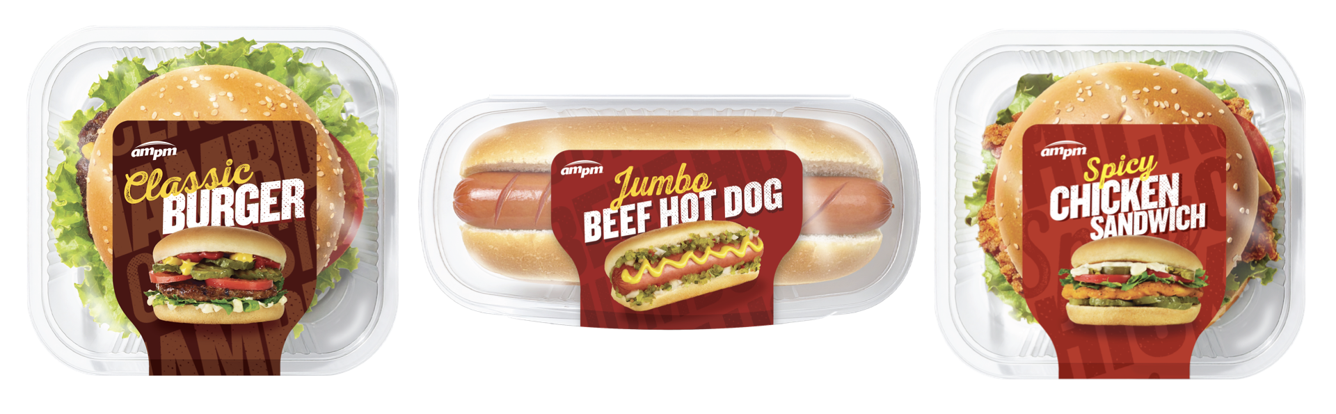 Three plastic containers of fast food, from left to right: classic burger, beef hot dog, spicy chicken sandwich, each topped with labels.
