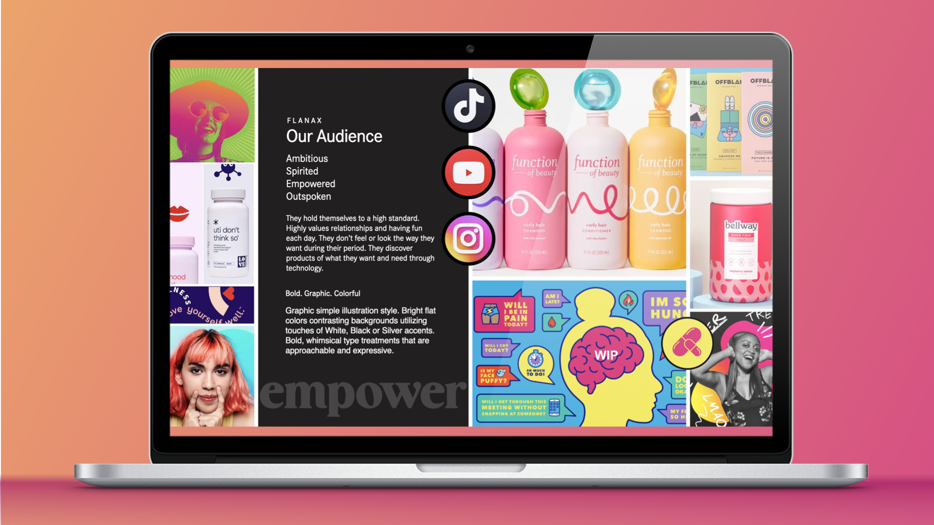 Laptop screen displaying a social media content layout with colorful product images, icons for TikTok, YouTube, and Instagram, and text about an audience profile, including bold, graphic, colorful elements and a photo of a woman with pink hair.
