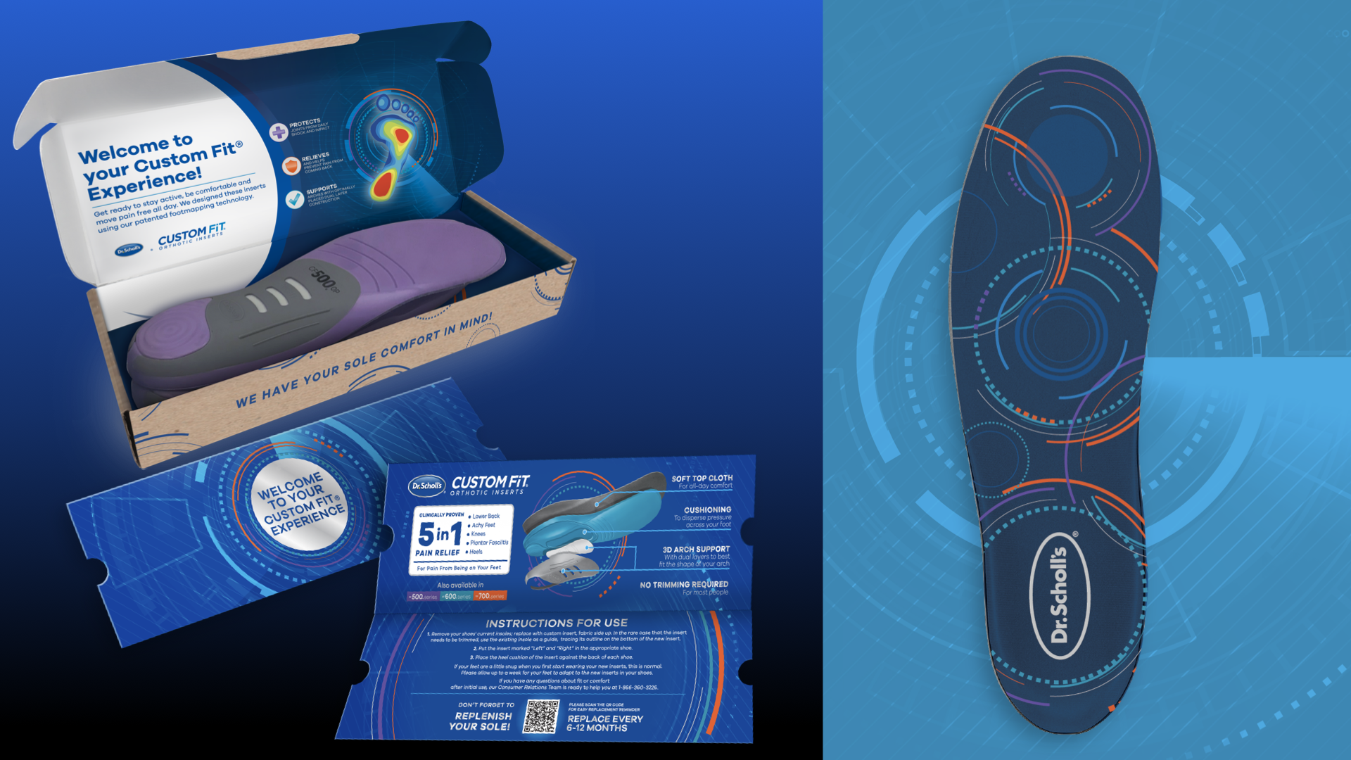 A purple custom orthotic shoe insert in an open box with promotional materials and instructions, alongside a black, blue, and orange Dr. Scholl's shoe insert with graphic designs on a futuristic blue digital background.