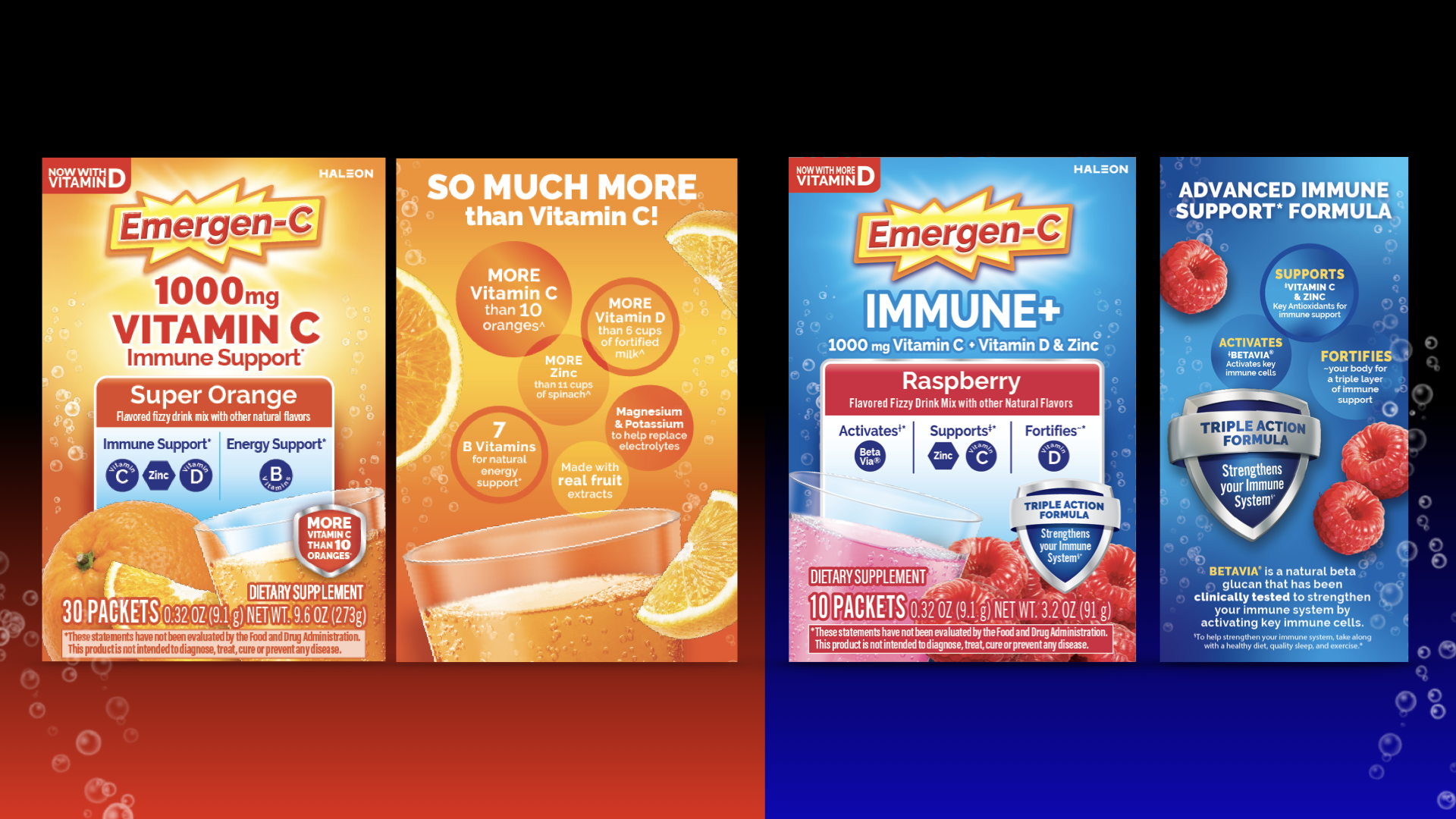 Four packets of Emergen-C dietary supplements with vitamin C and D, featuring different flavors: Super Orange, a citrus drink mix, Raspberry flavored drink mix, and a blue box indicating advanced immune support with berries. All packets emphasize immune support, energy, and fortification for health.