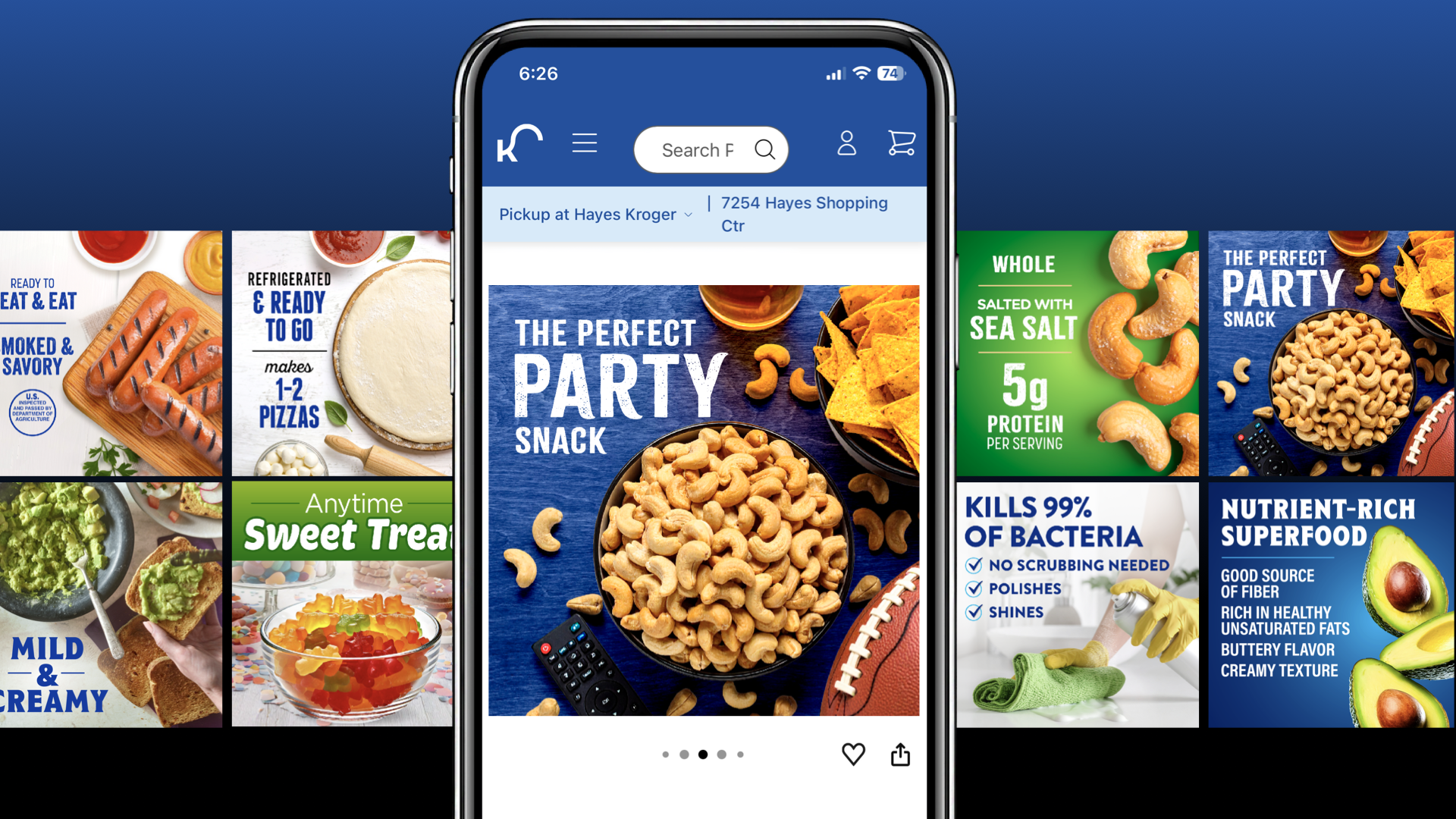 Screen display of a mobile shopping app showing snack options for a party, including cashews, chips, and other foods, with promotional texts and images of snack foods.