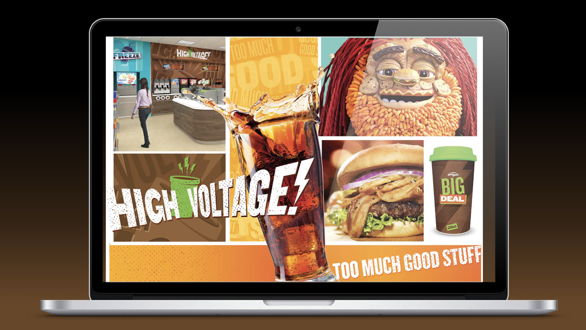 A digital collage on a laptop screen promoting a food and beverage brand, featuring a woman inside a store, various food items including a burger, fried chicken, a drink with ice, and a coffee cup, with text like 'High Voltage!' and 'Too Much Good Stuff'.