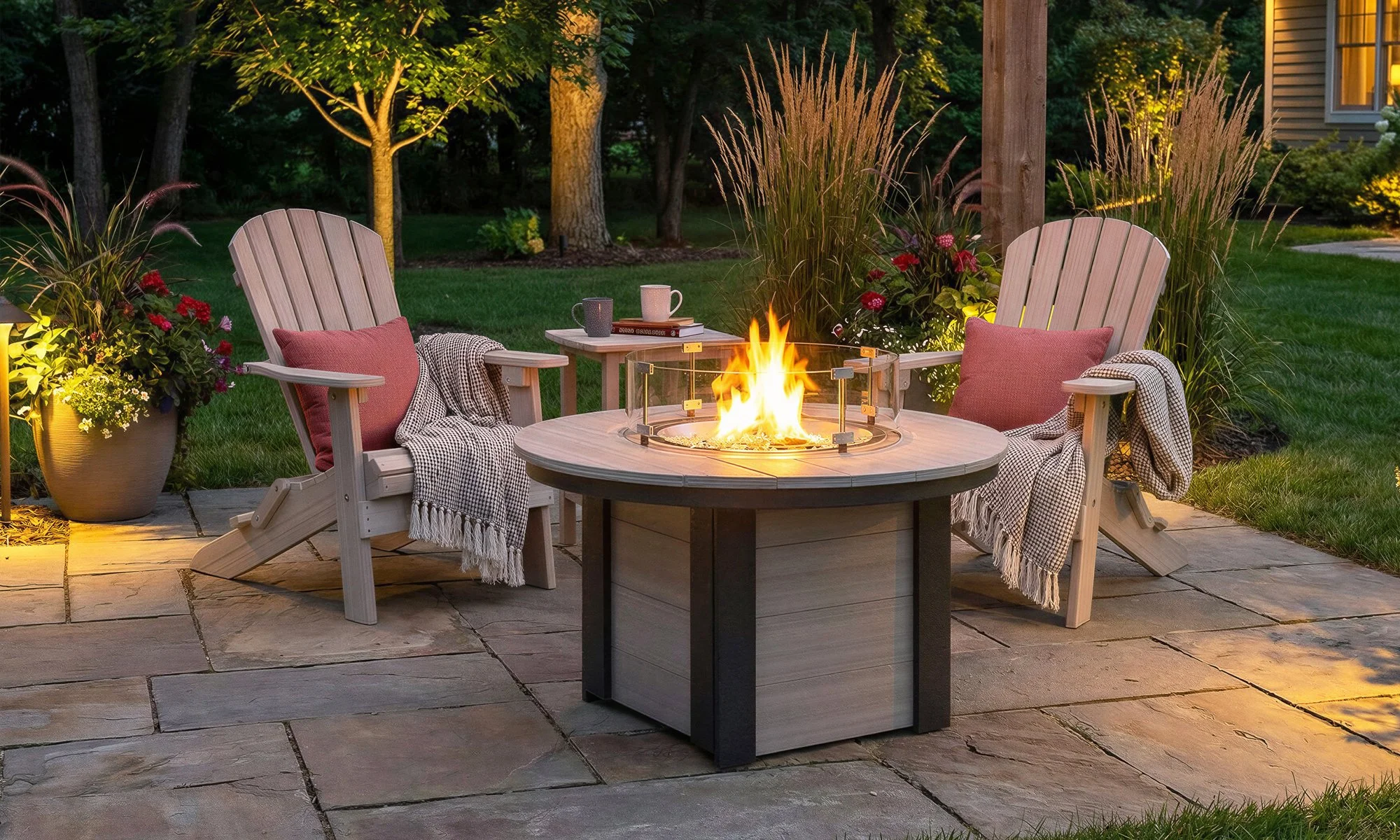 A backyard patio with two Adirondack chairs and a fire pit in the center, surrounded by plants and trees, during early evening.
