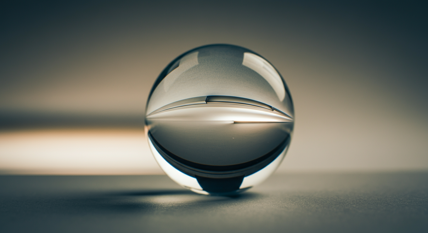 A clear glass marble reflection of the surrounding environment, placed on a flat surface.