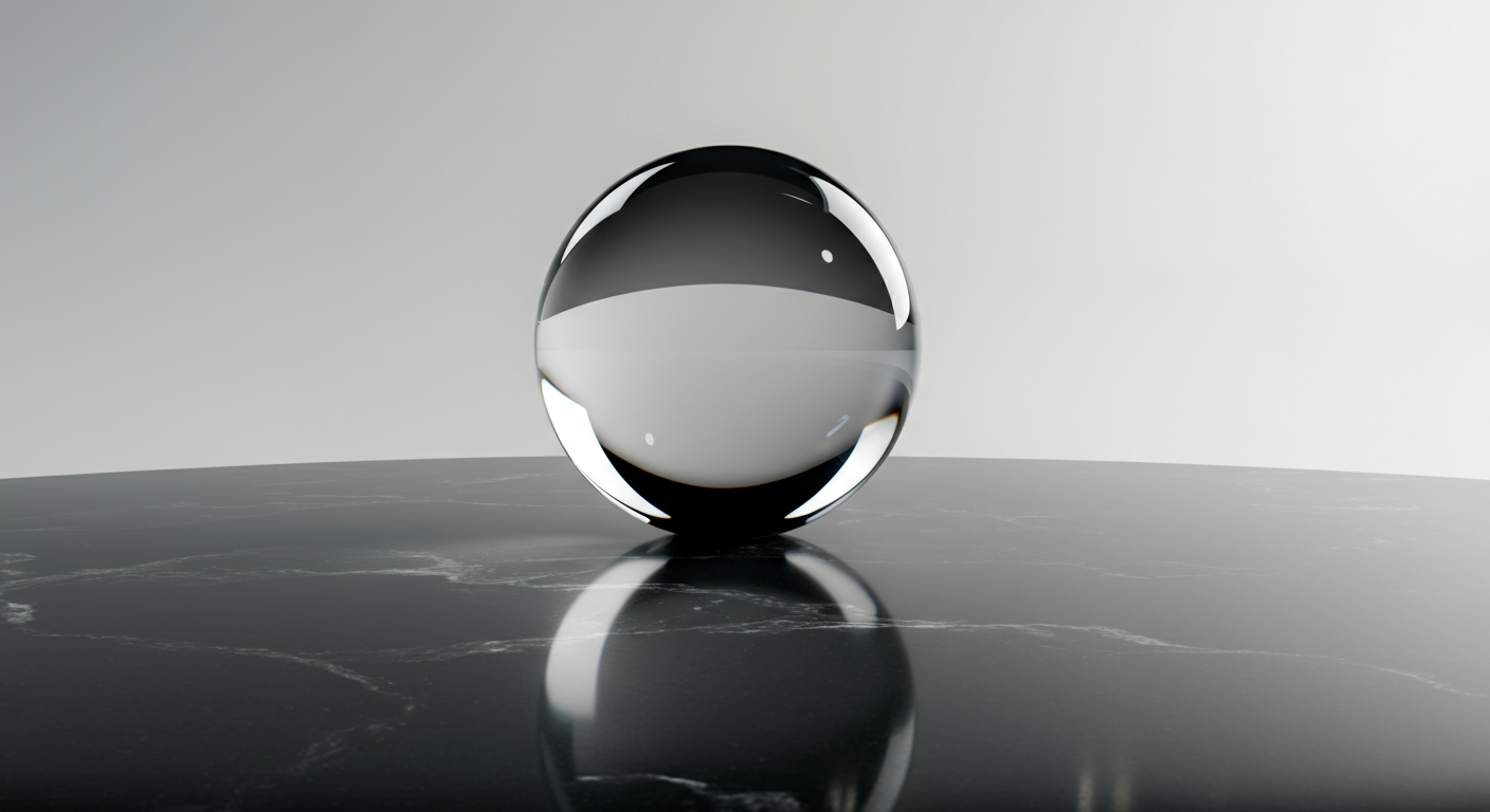 A black and white glass marble resting on a dark marble surface with a light gray background.