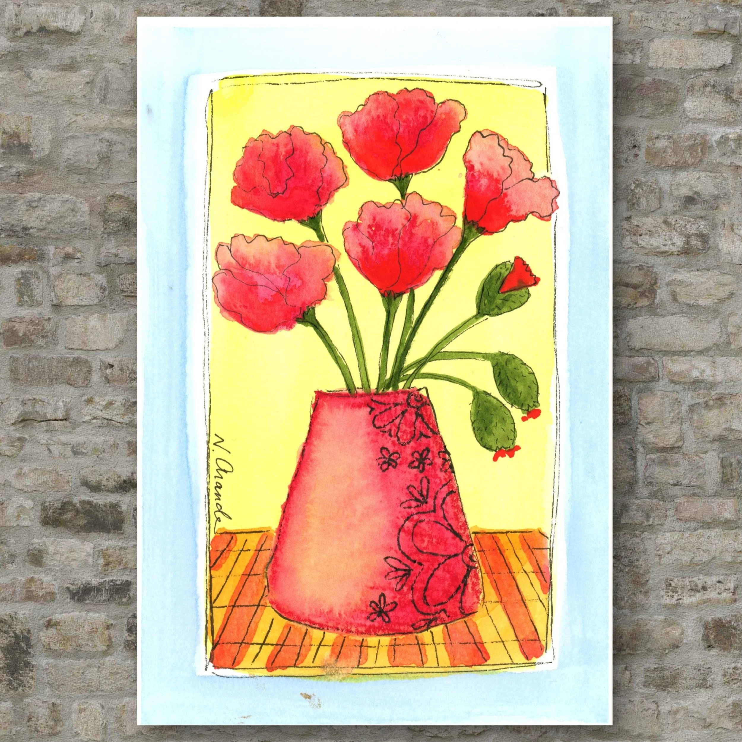 Poppies on Plaid - Original on Cradled Wood