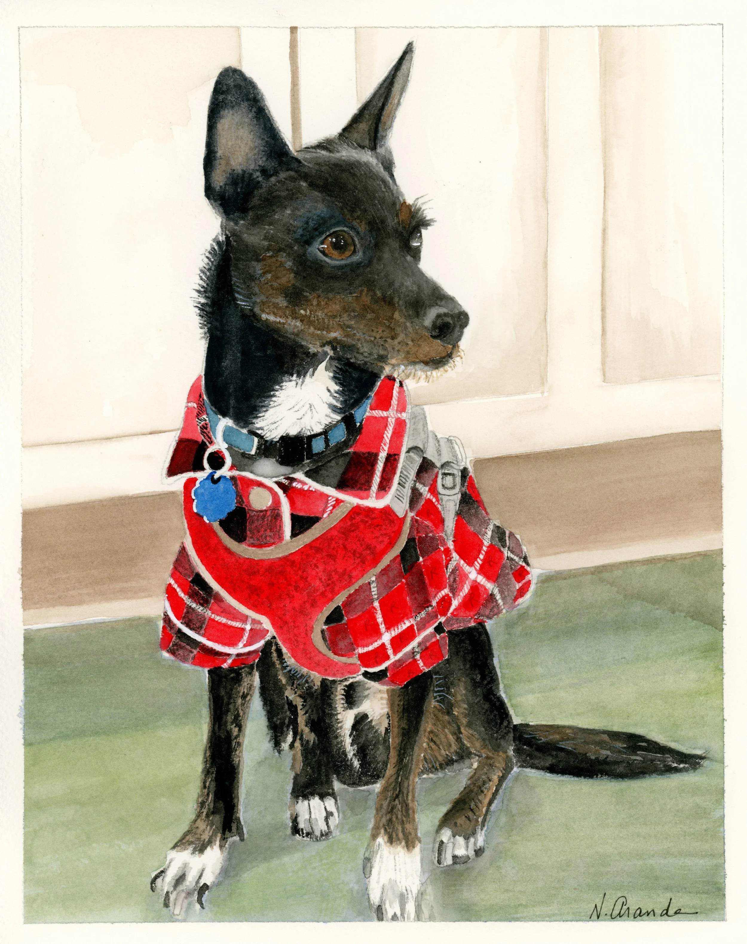a painting of a dog with black and tan fur, wearing a red and black plaid vest, sitting on a green and beige floor against a beige wall