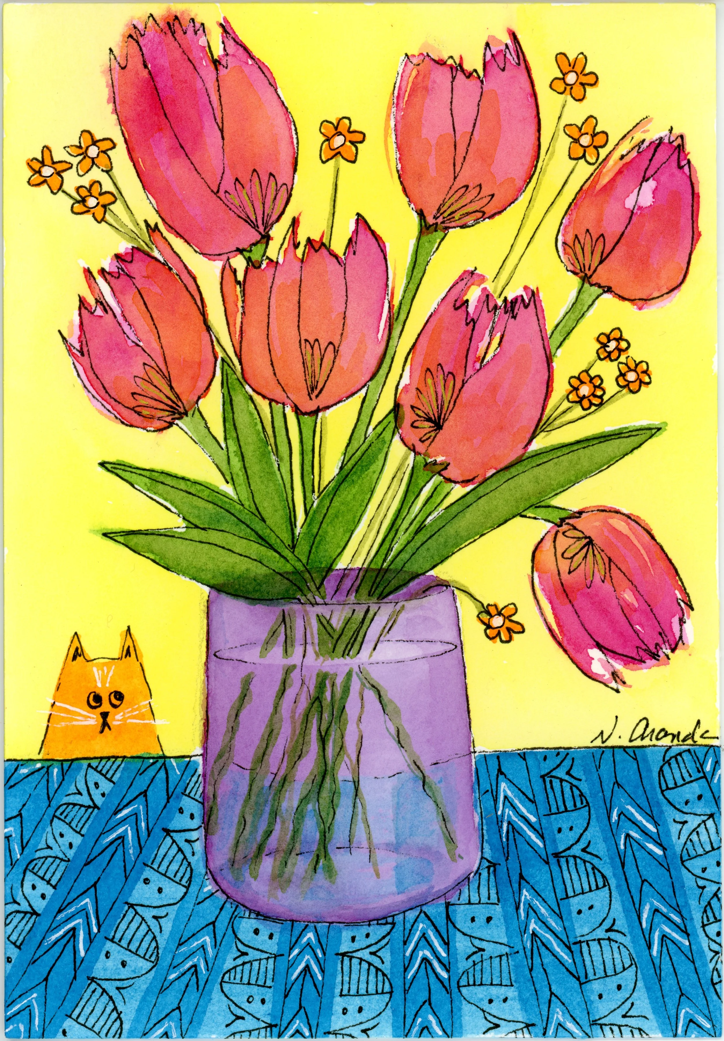 "Pink Tulips and the Kitty"