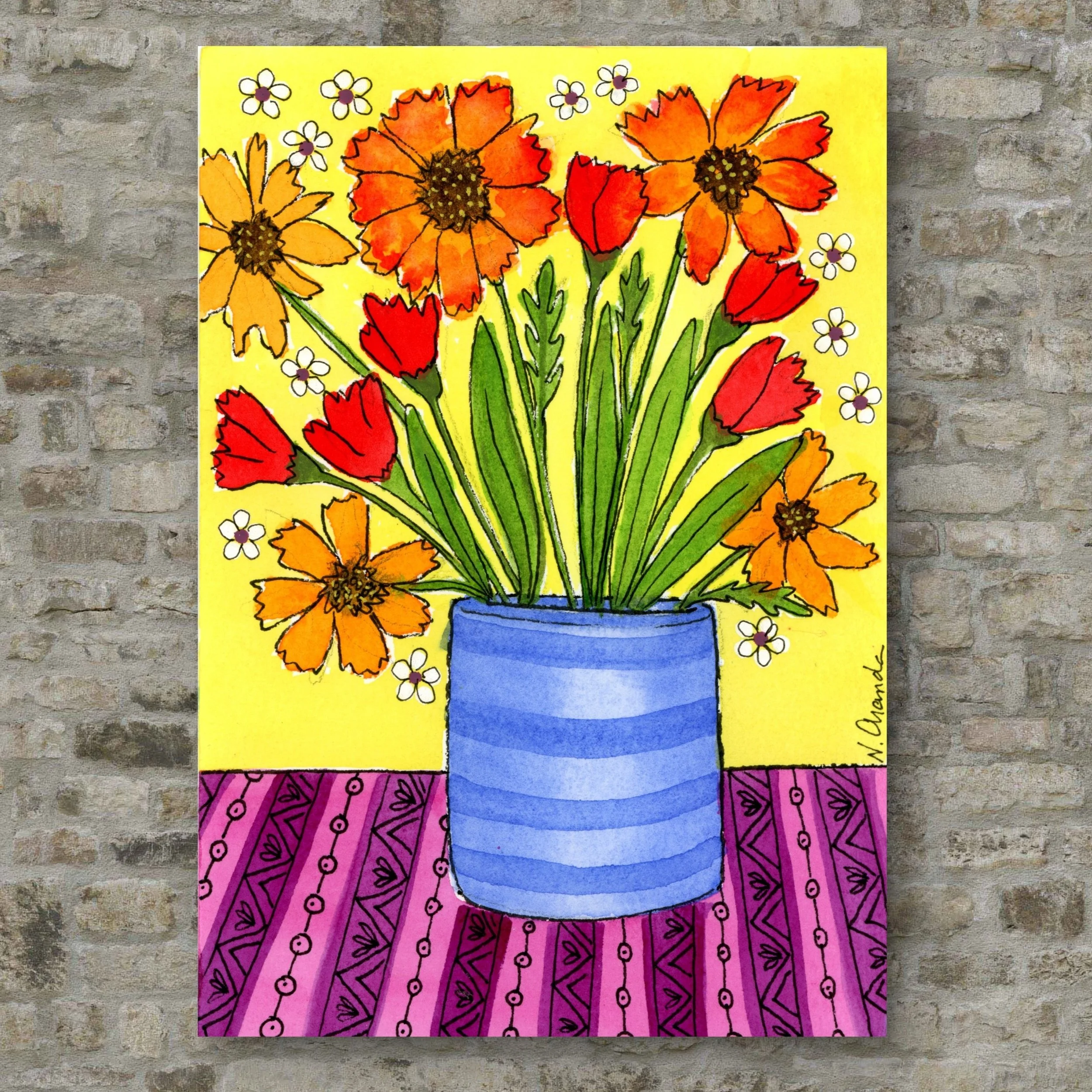 Daisies and Poppies - Original on Cradled Wood