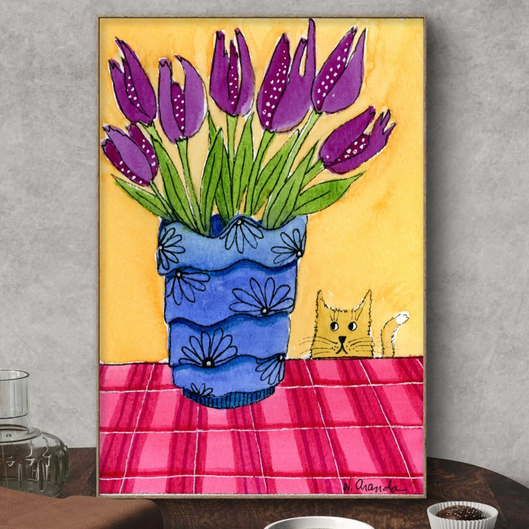 Purple Tulips and Mr. Bigglesworth - Original on Cradled Wood