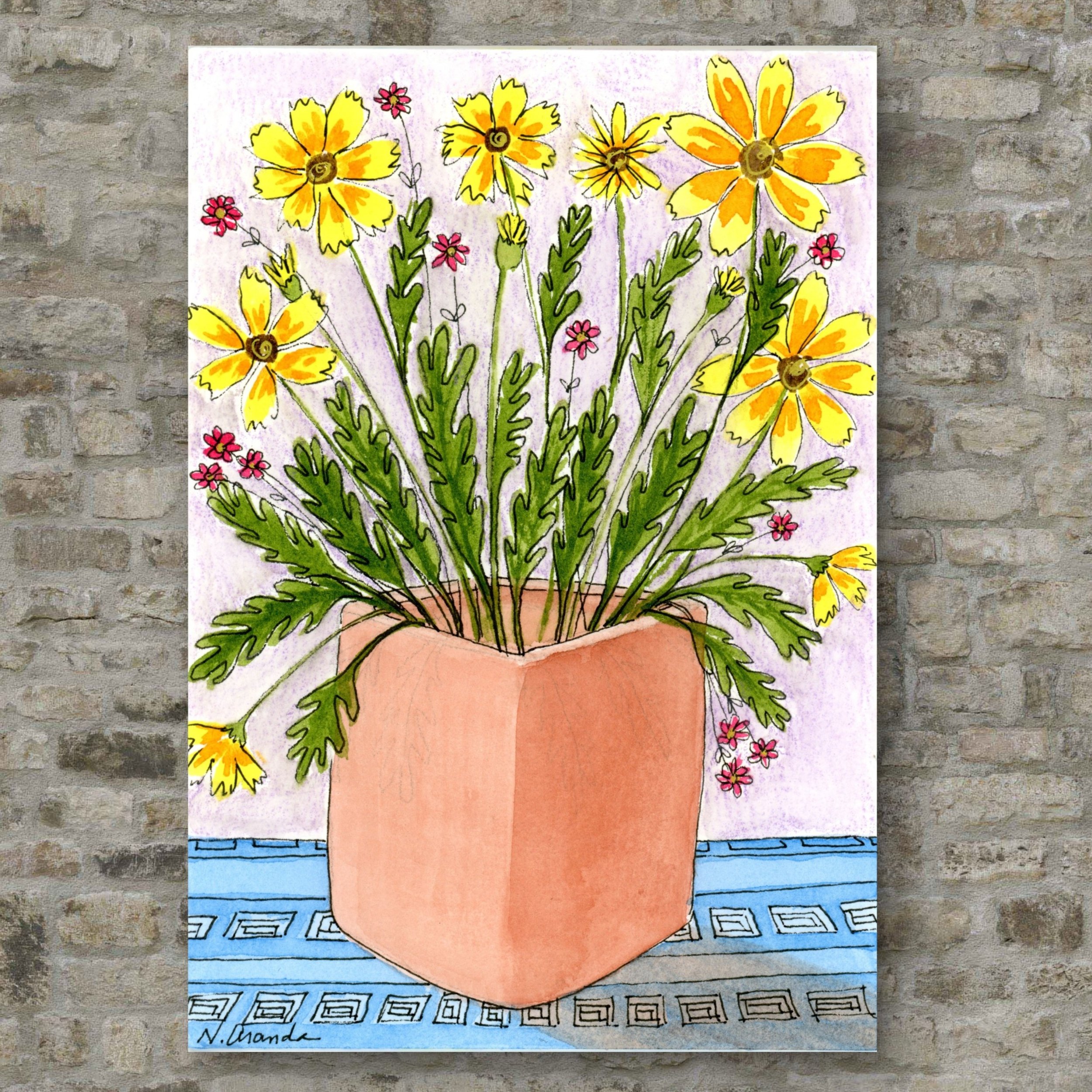 Daisies in a Clay Pot - Original on Cradled Wood