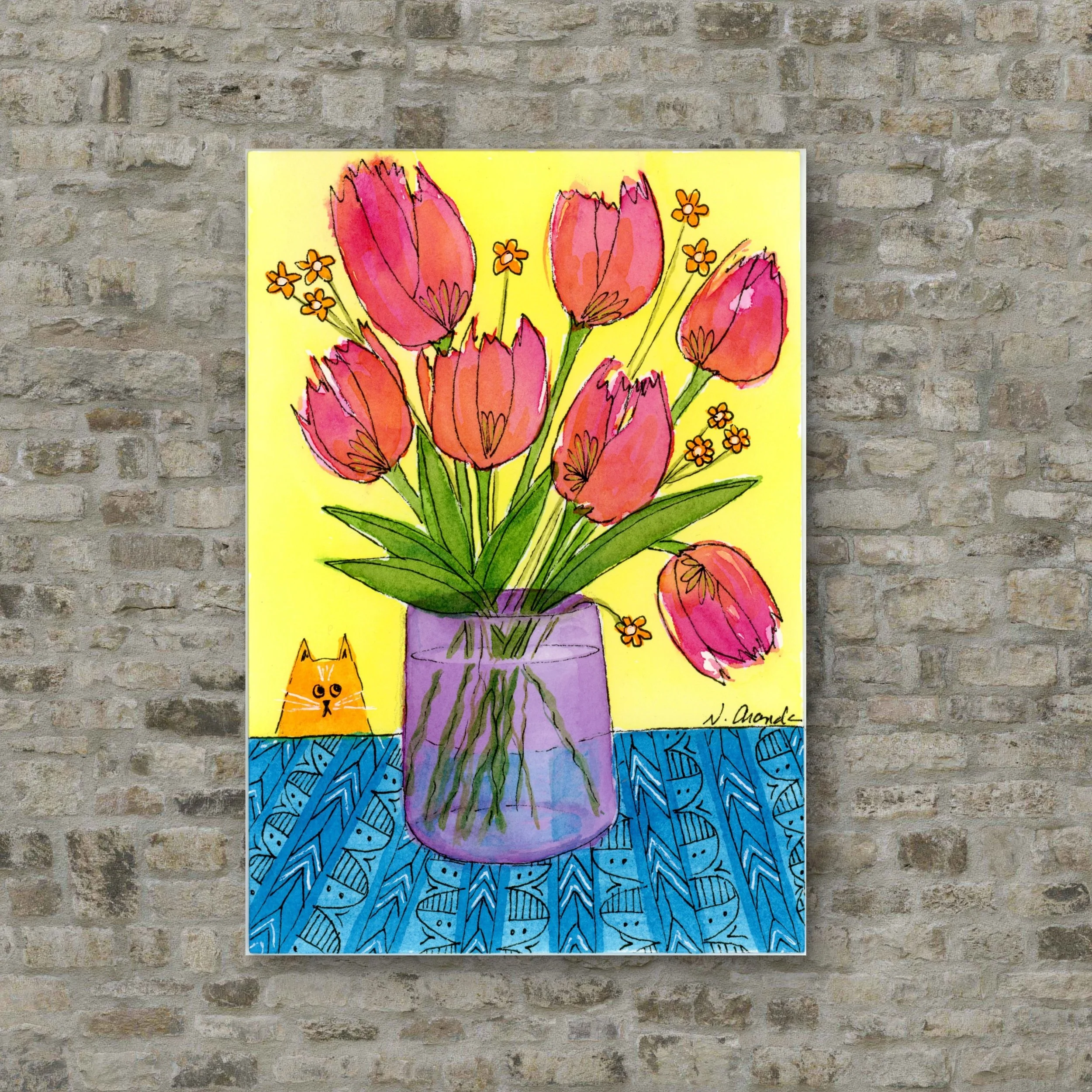 Pink Tulips and the Kitty - print