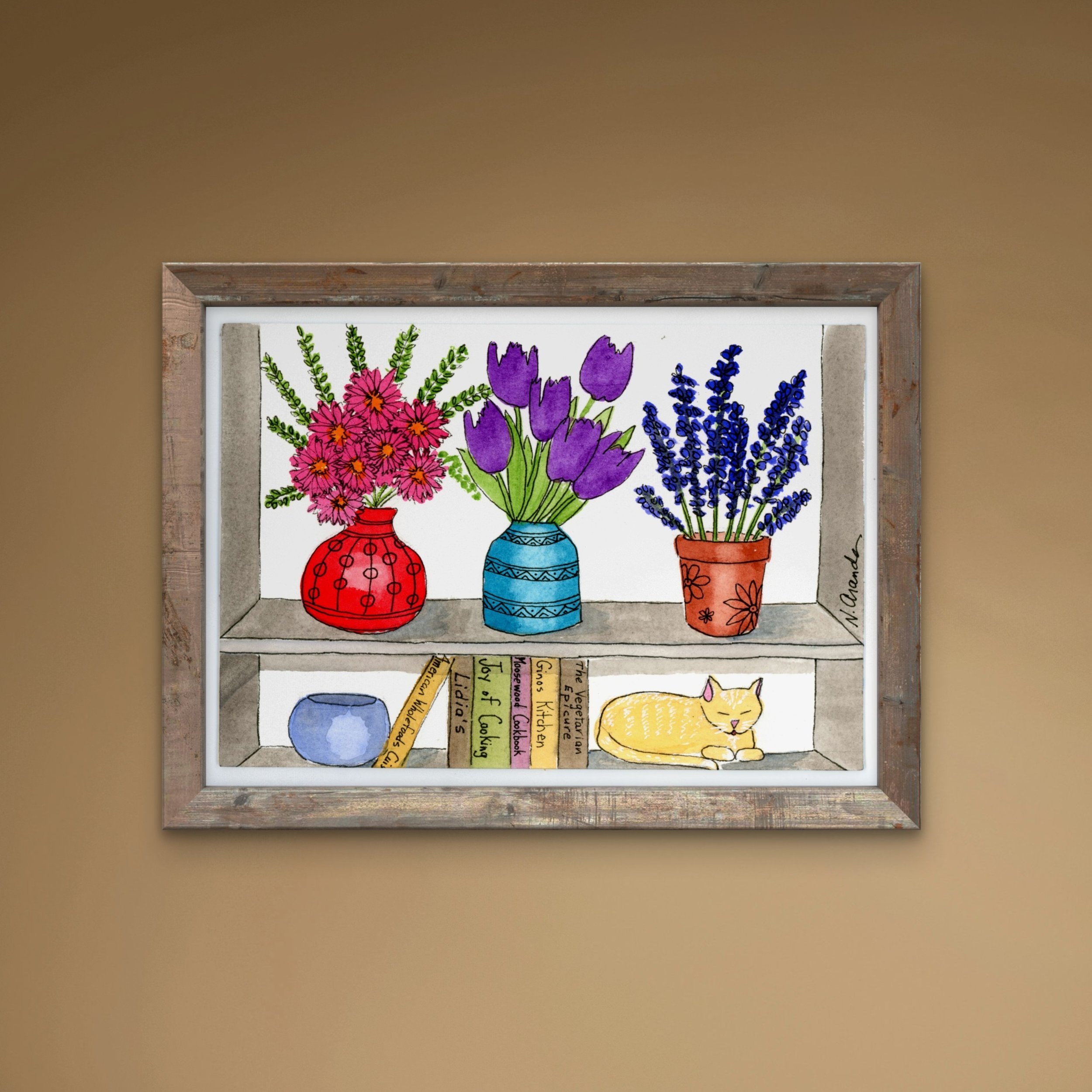 Flowers, Cookbooks and a Cat - print