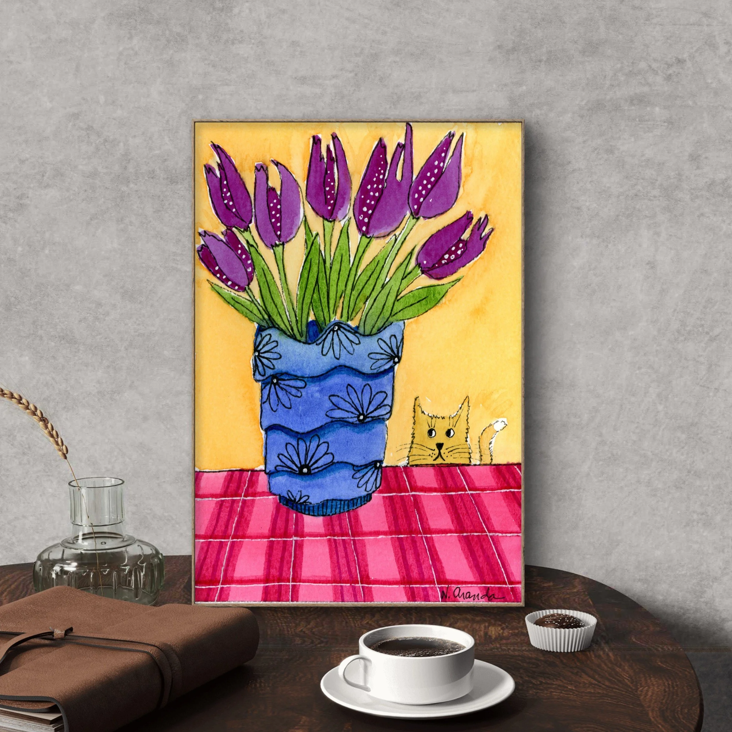 Purple Tulips and a Yellow Cat - print