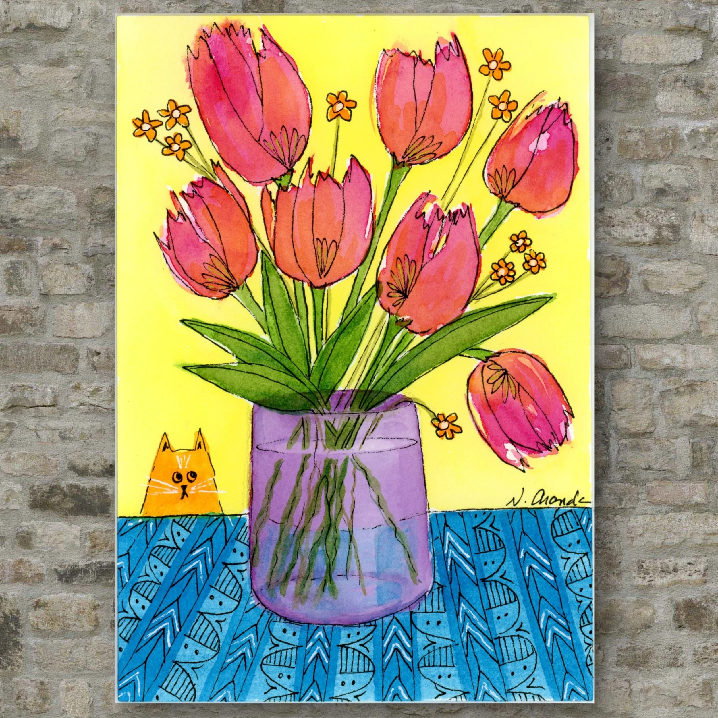 Pink Tulips and Mr. Bigglesworth - Original on Cradled Wood