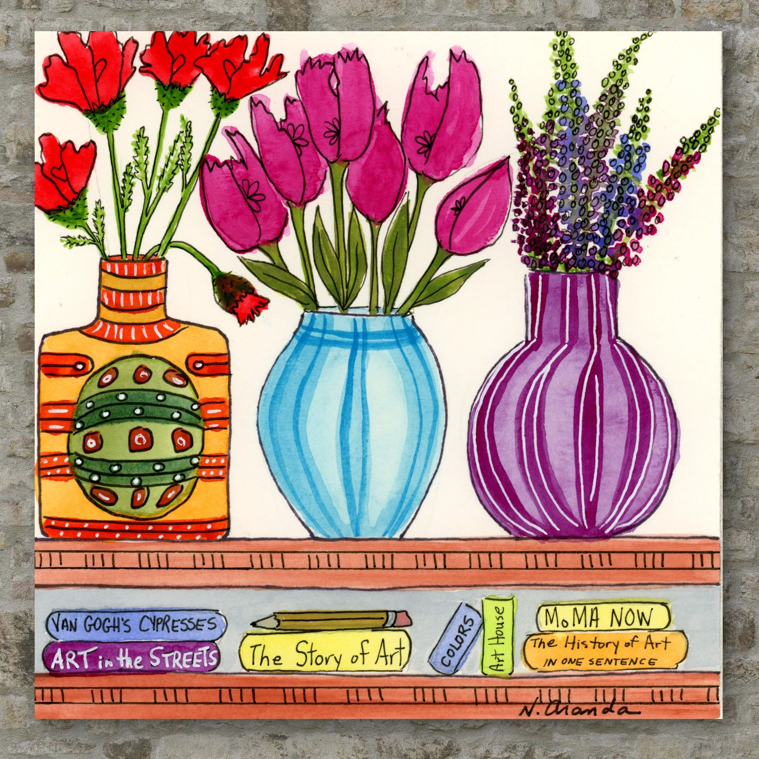 Flowers and Art Books - Original on Cradled Wood