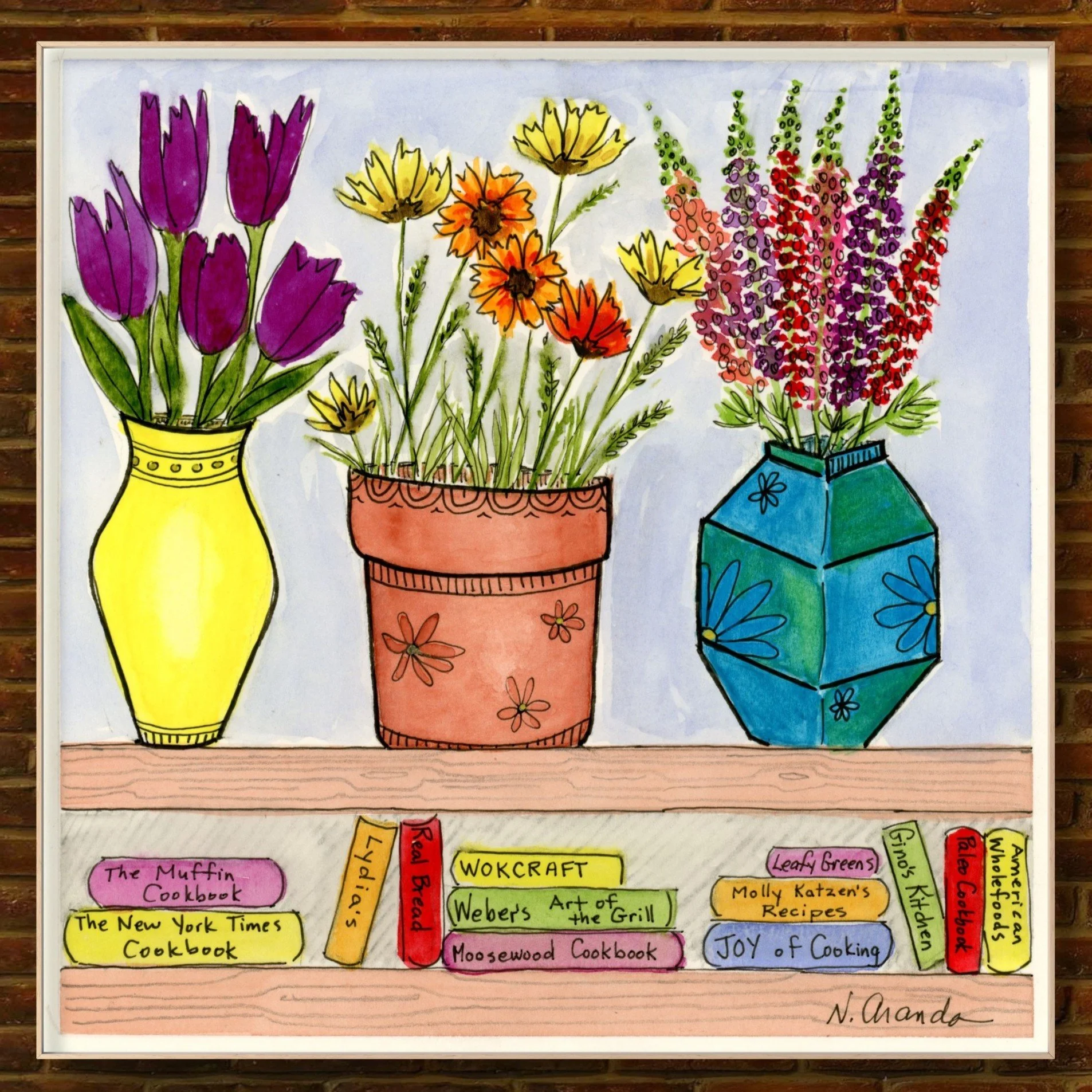 Flowers and Cookbooks, No Cat - Original on Cradled Wood