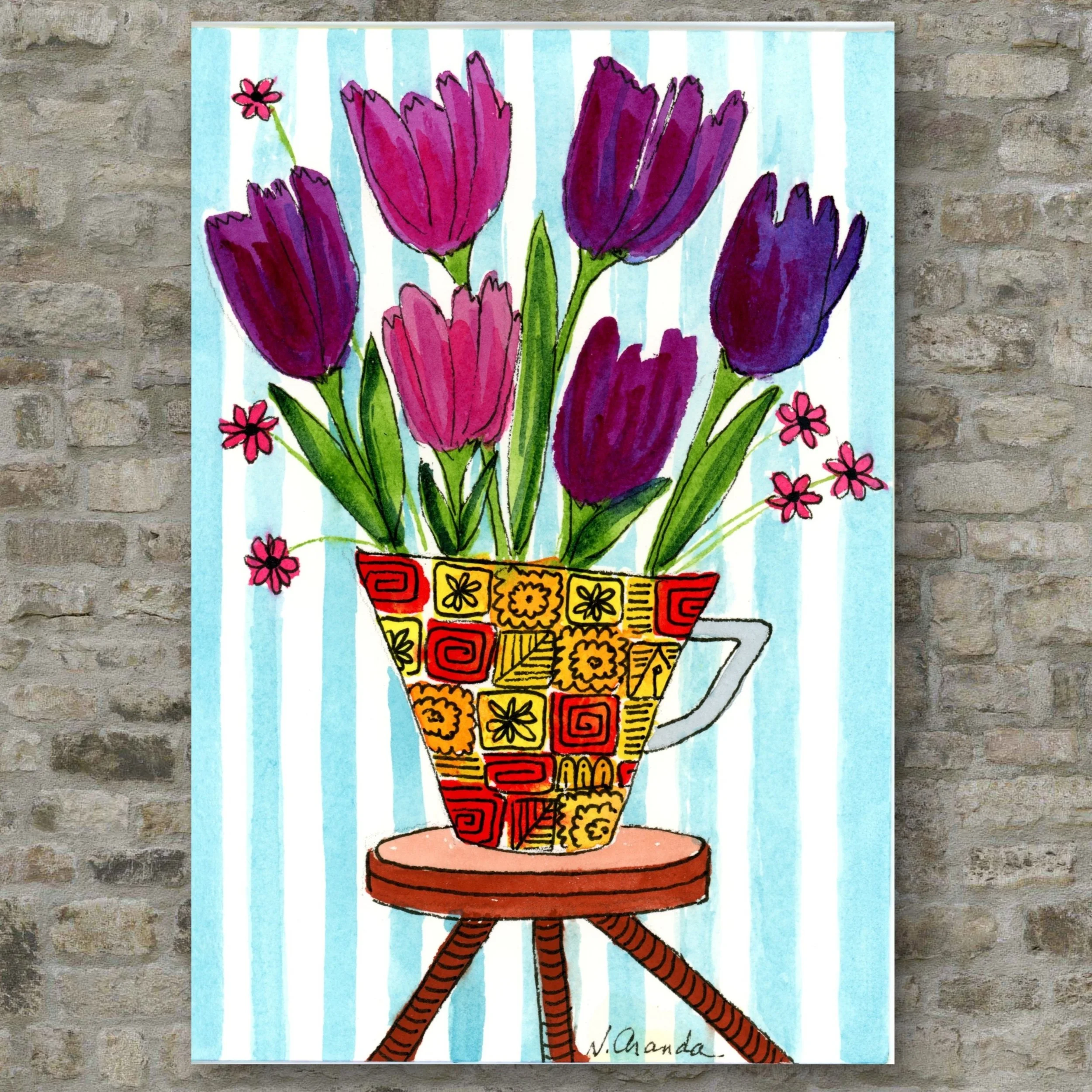 Tulips on a Stool - Original on Cradled Wood