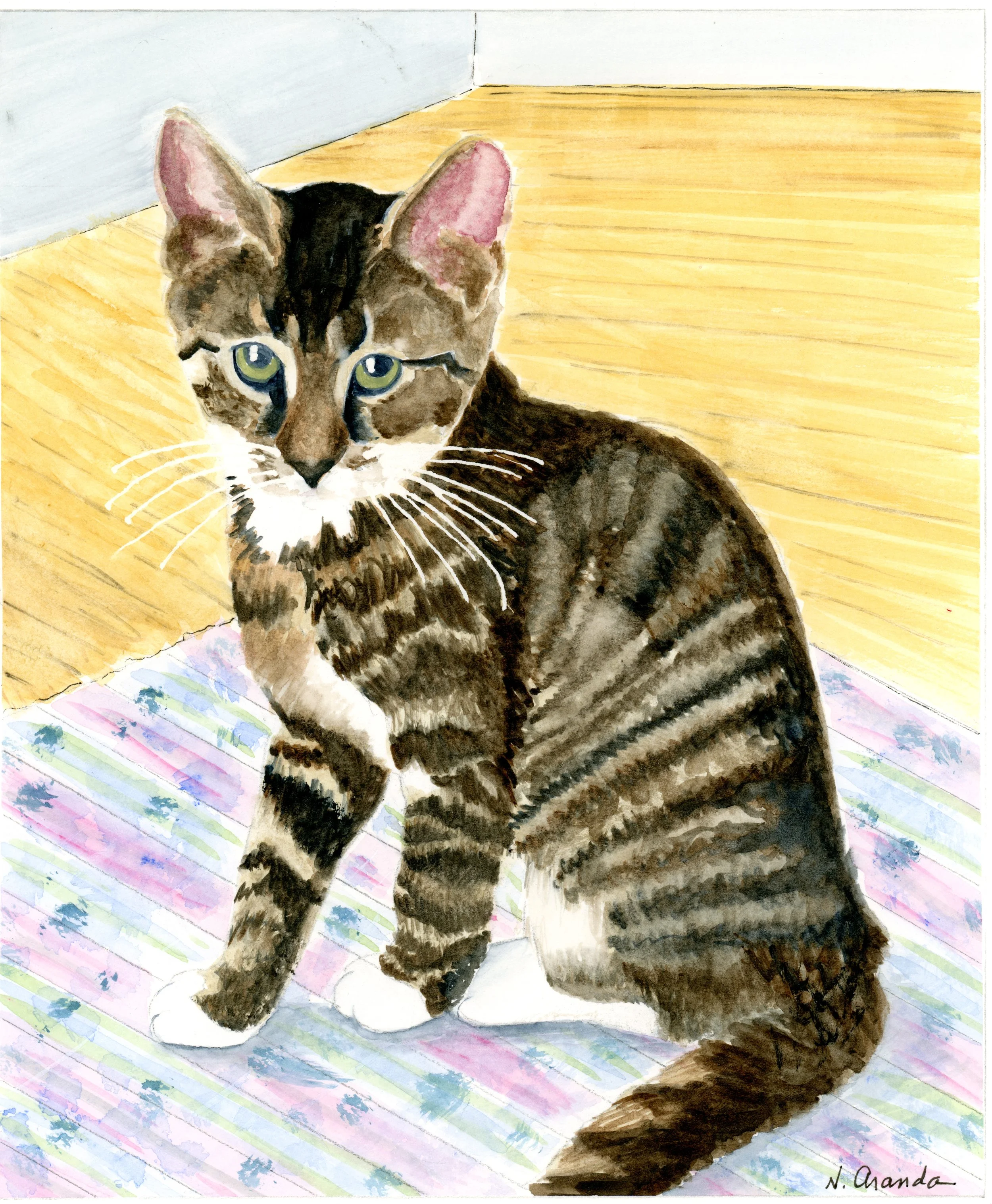 Watercolor painting of a tabby cat sitting on a colorful patterned floor, with a wooden floor and a gray wall in the background. The artist's signature 'N. Aranda' is in the bottom right corner.
