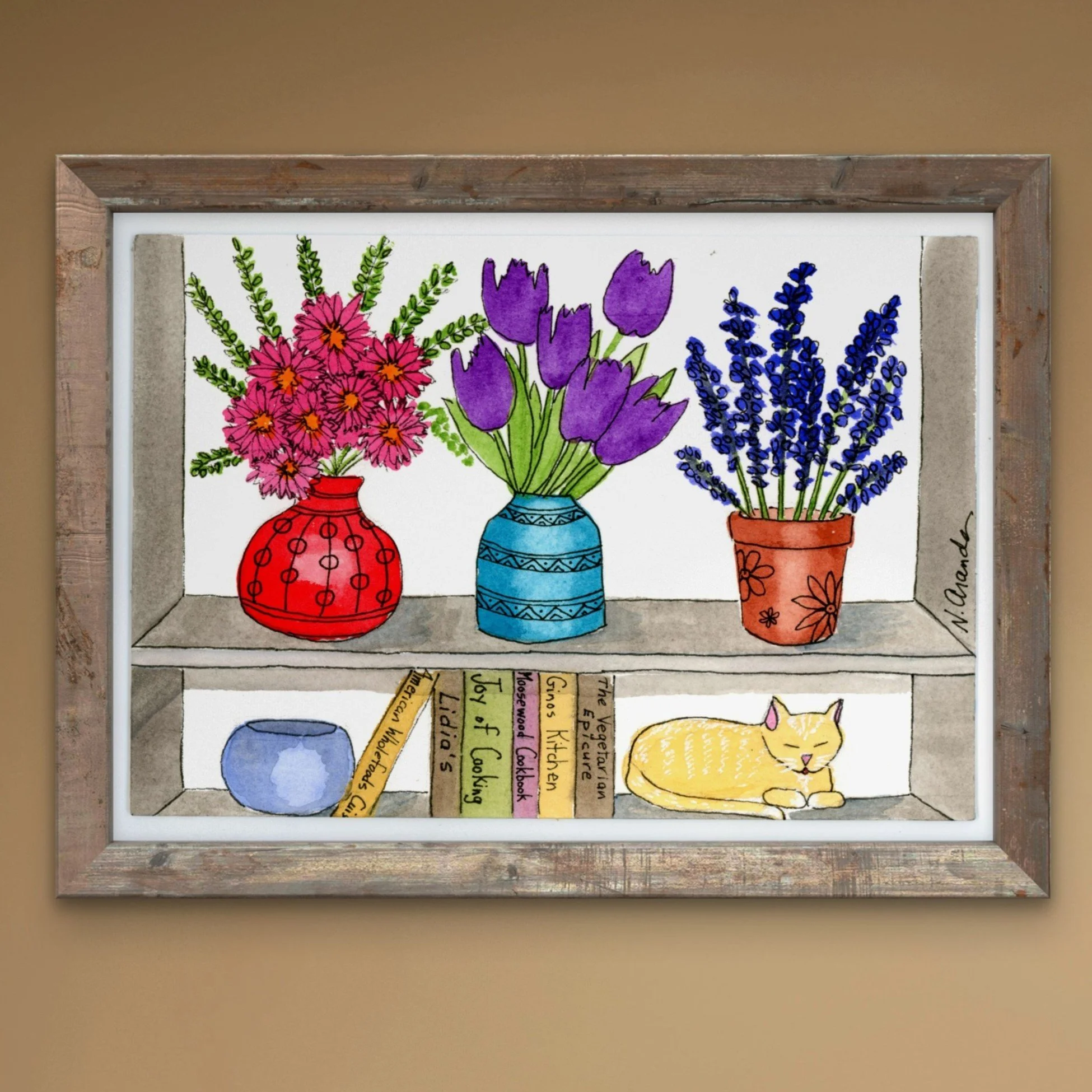 Flowers, Cookbooks and a Cat - print
