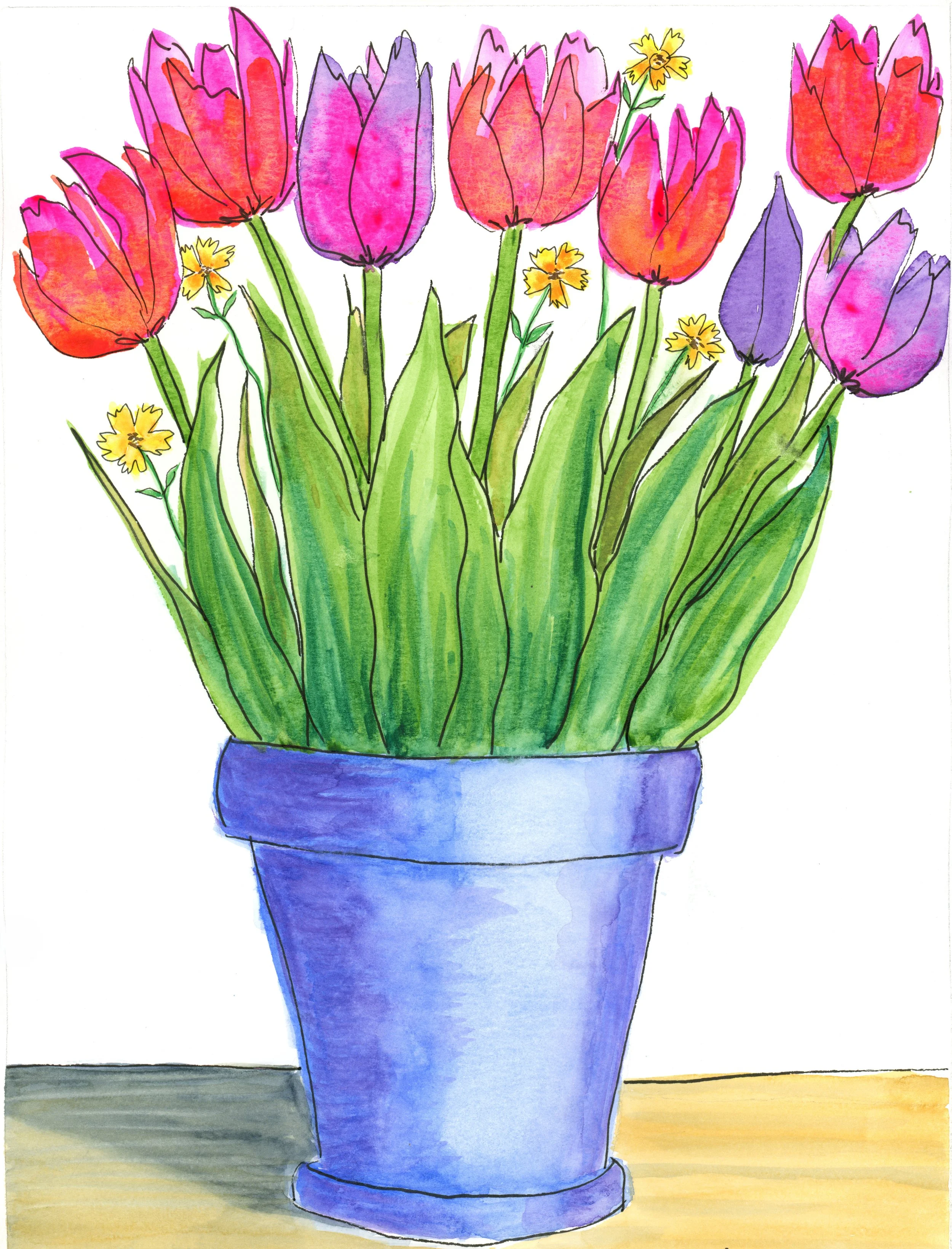 Tulips in a Blue Pot
