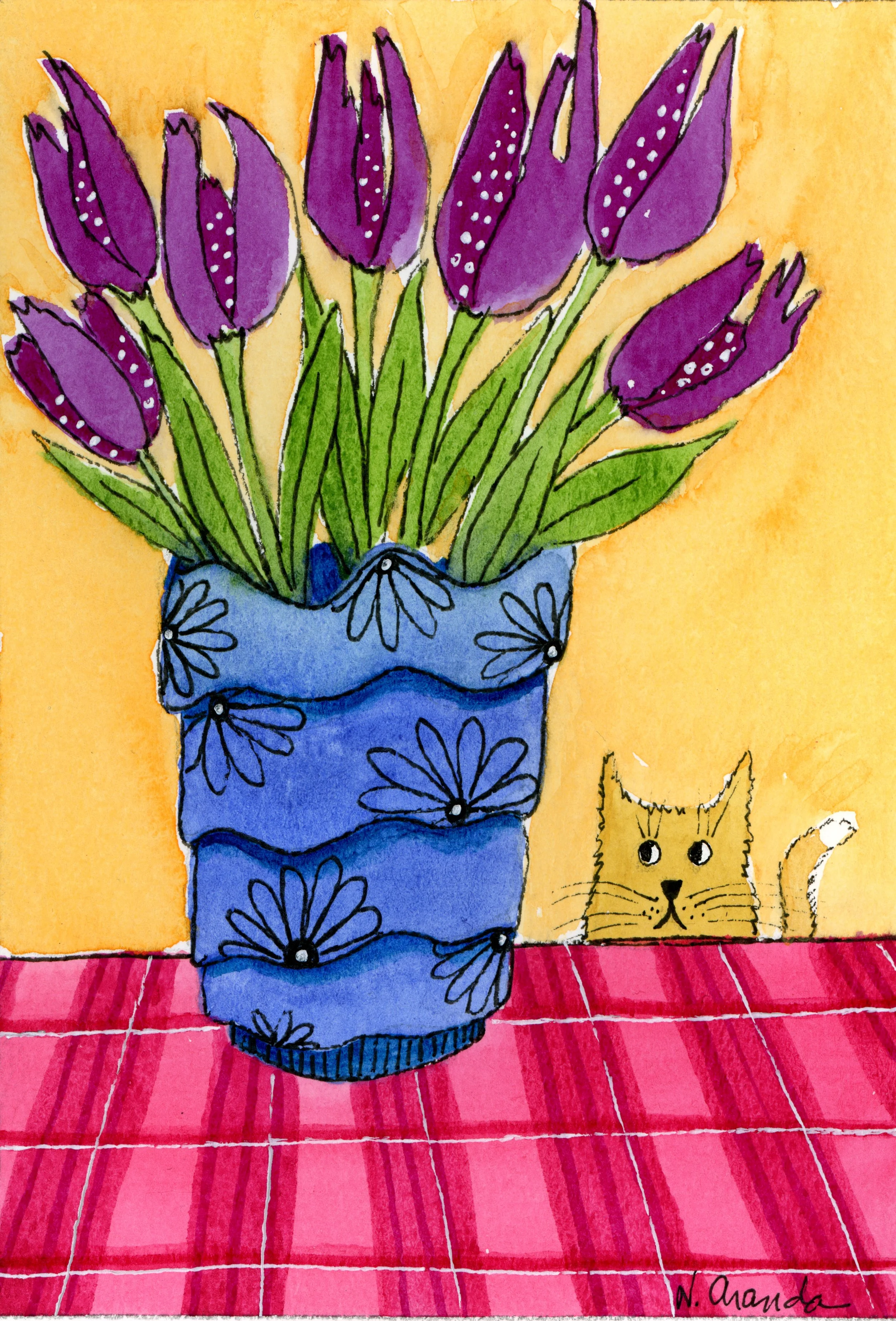 Purple Tulips and a Yellow Cat