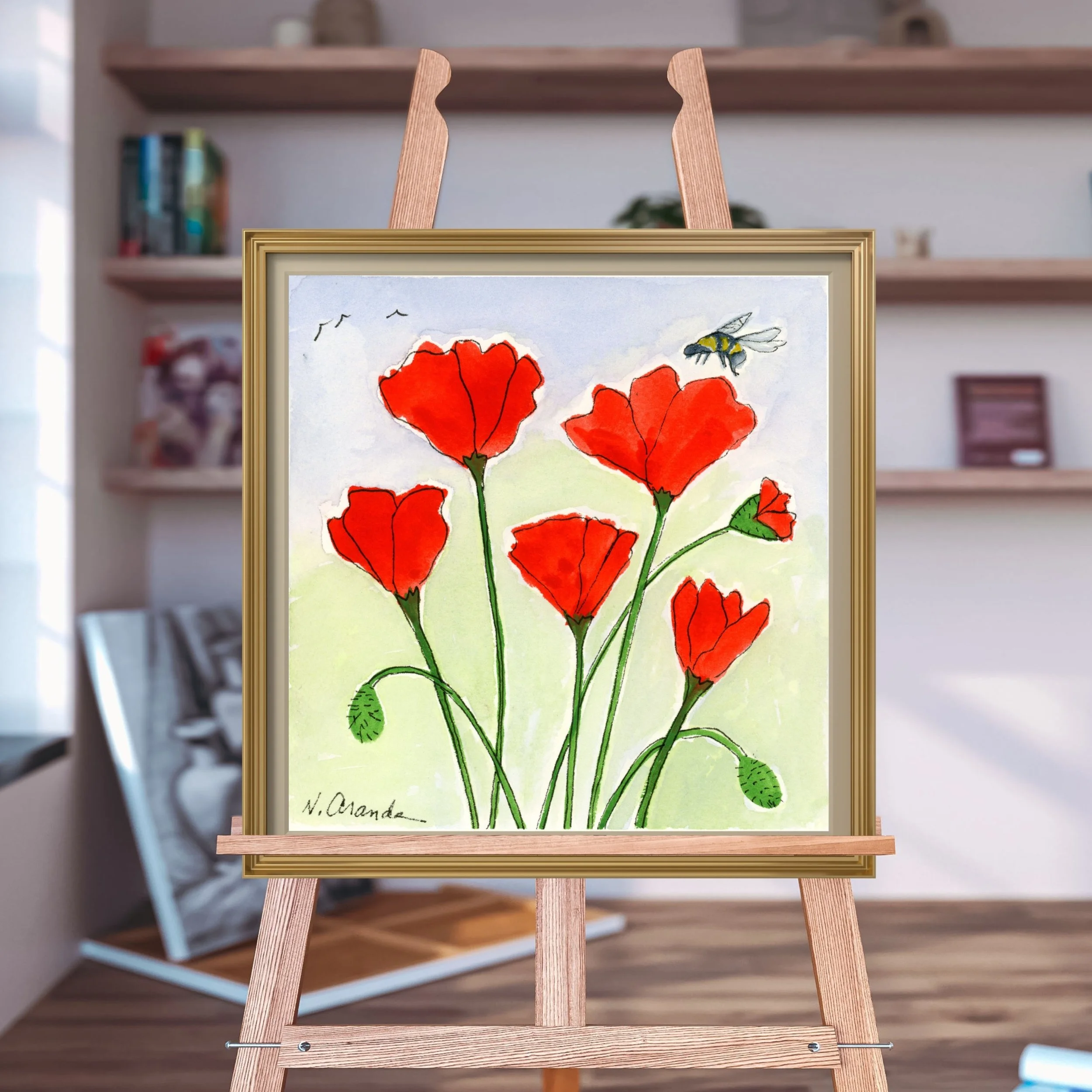 Poppies and a Bee - print