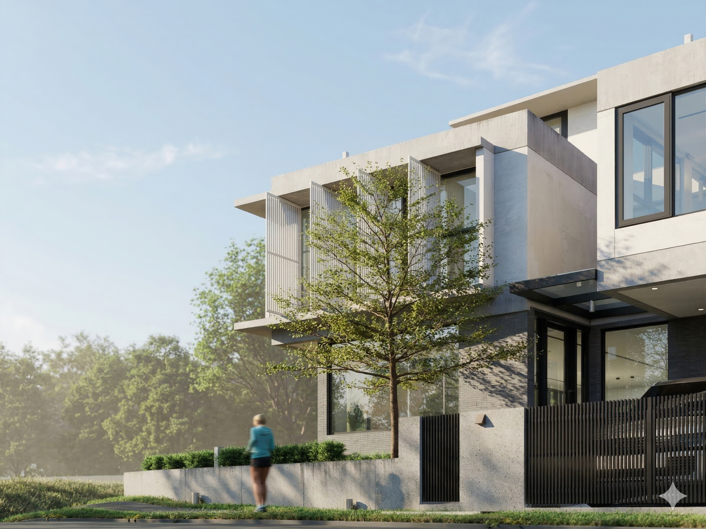 Modern multi-story residential building with large windows, a tree in front, and a person walking on the sidewalk.