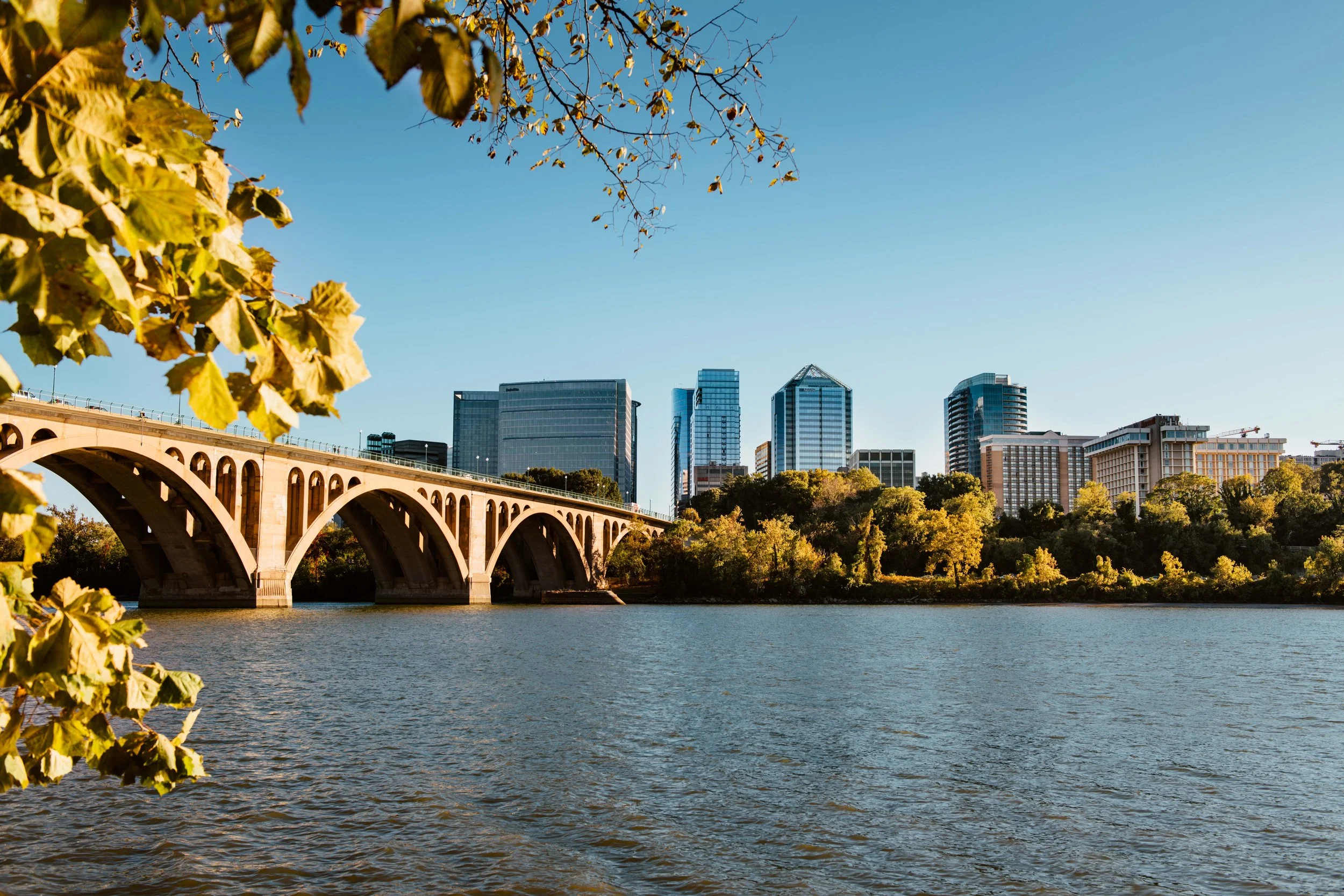 View of the Washington DC skyline featuring modern buildings behind a river. An arched bridge crosses over the water, and leafy trees are visible in the foreground with some leaves turning yellow.