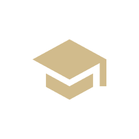 A graduation cap icon in beige on a white circular background