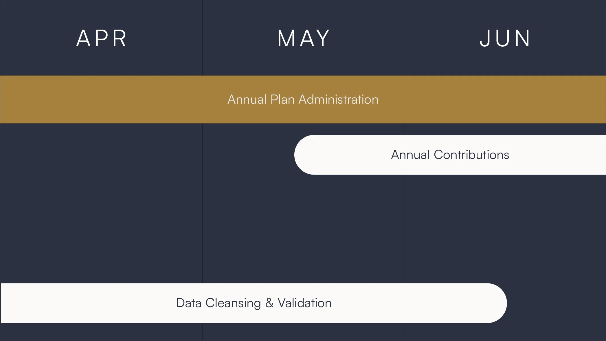 RPA focuses on milestones for Annual Plan Administration, Data Cleansing & Validation, and Annual Contributions from April to June.