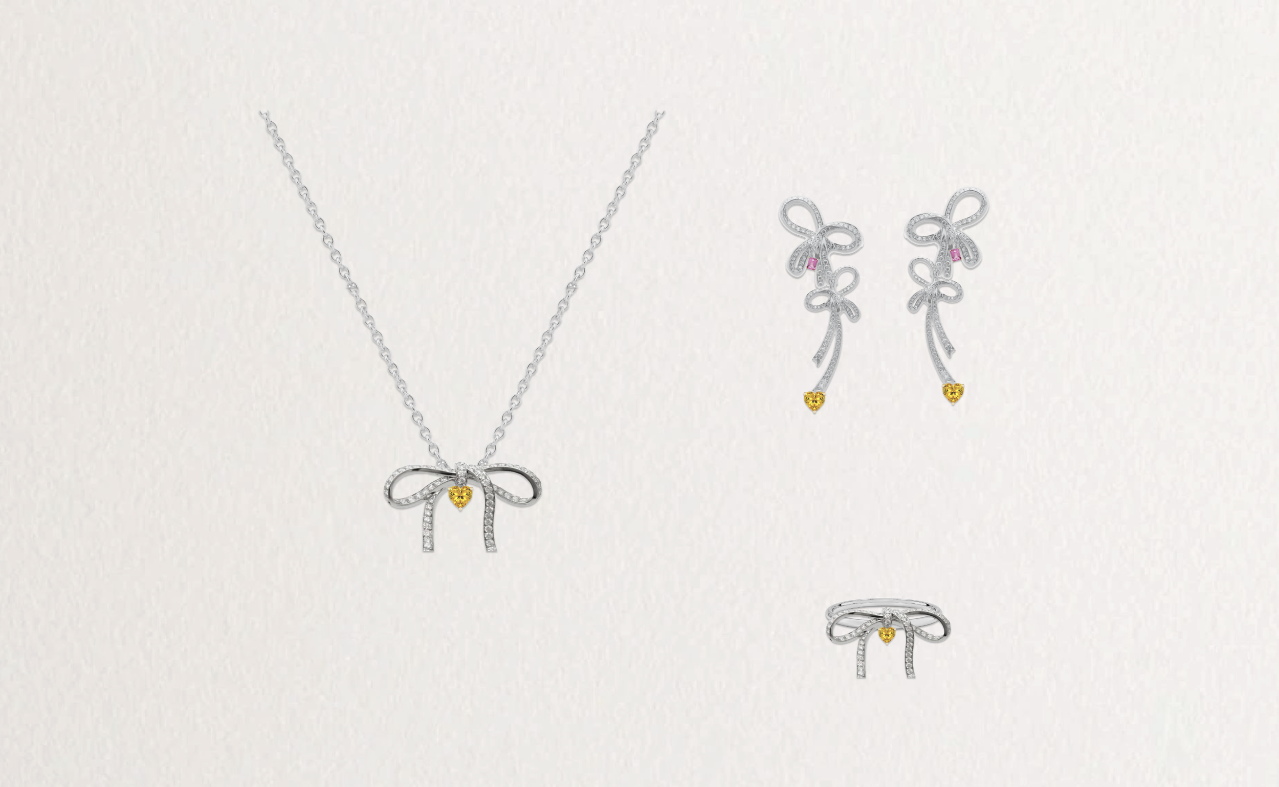 Bow pave pendant and earrings