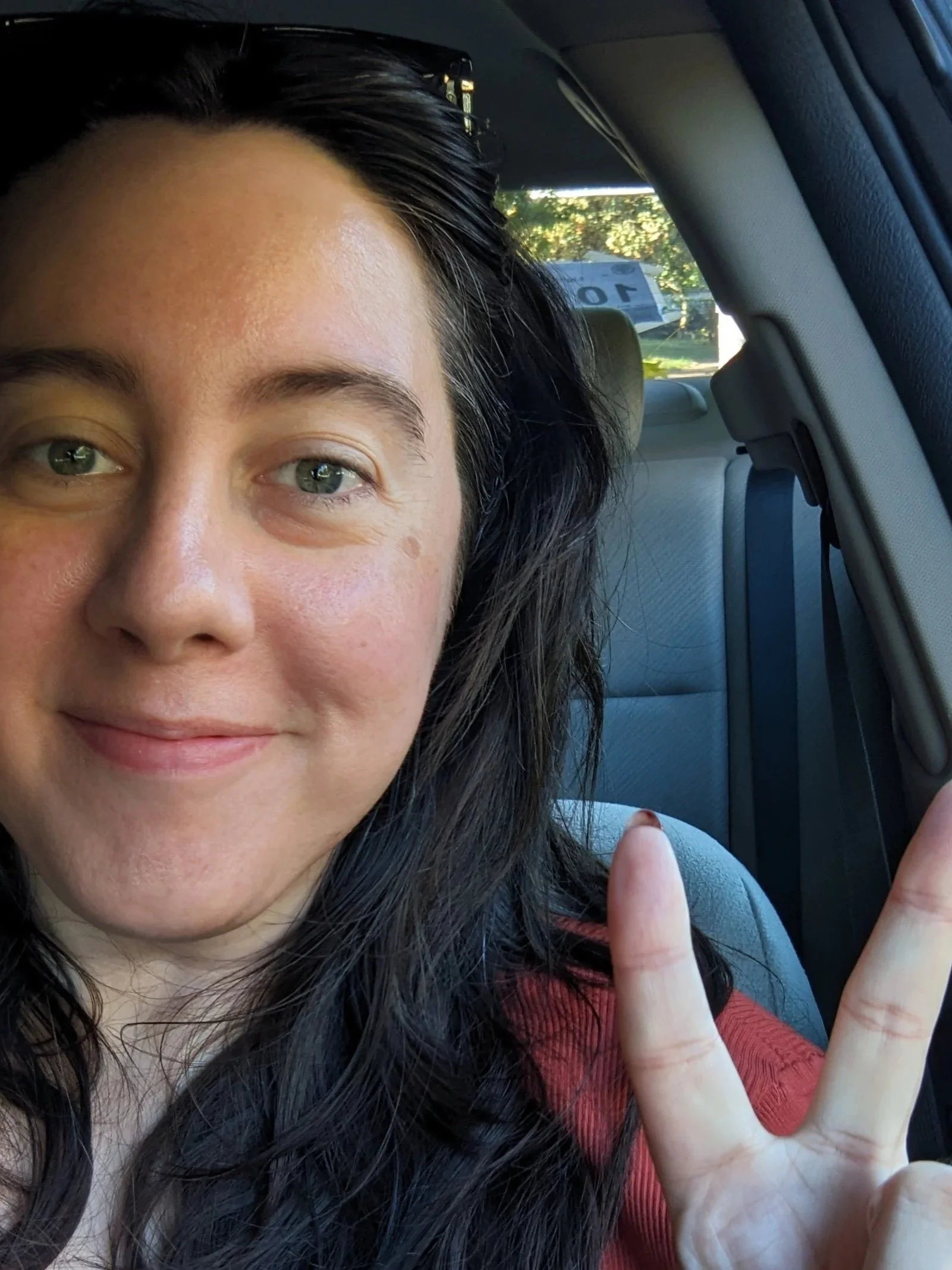 Sarah McGinley, a smiling white woman with dark hair and blue eyes, holds her fingers up in a peace sign.