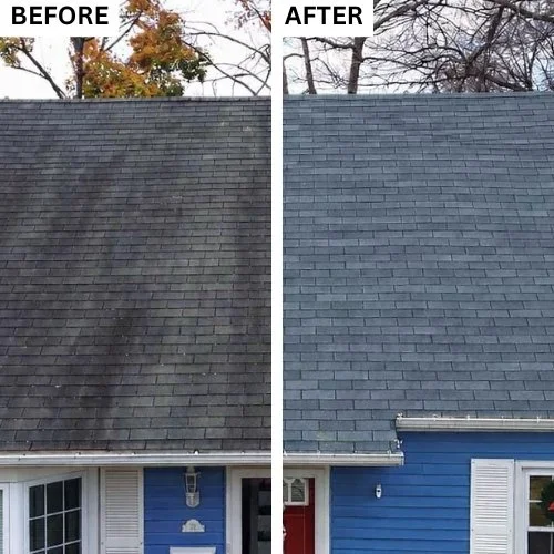 Before and after photo of a roof cleaning in Midland, MI.