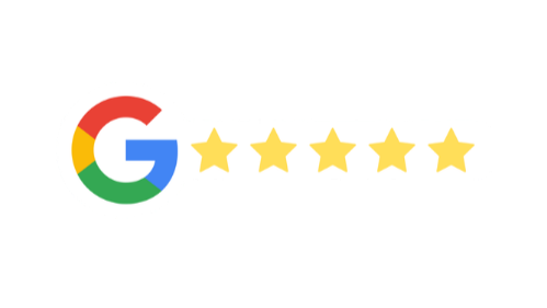 Google logo with five gold stars.