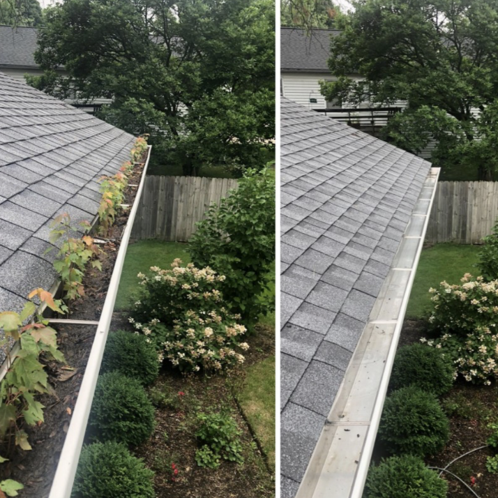 Before and after photo of a gutter cleaning in Midland, MI