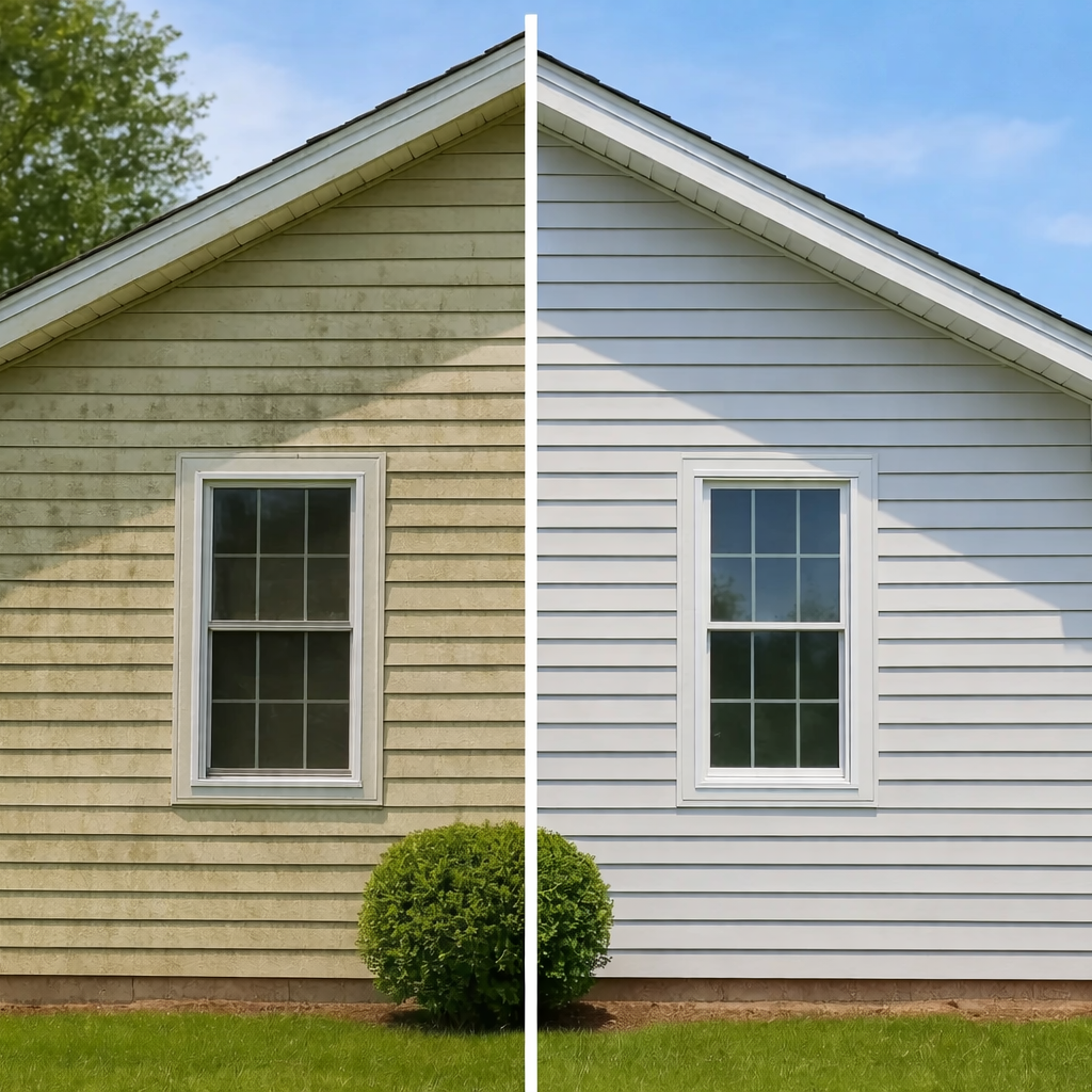 Before and after picture of a house wash in Midland, MI