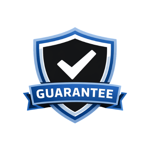Shield badge with a check mark and the word "Guarantee" on a blue ribbon.