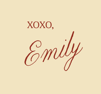 A card with beige background, featuring 'XOXO,' at the top and 'Emily' written in cursive below in red text.
