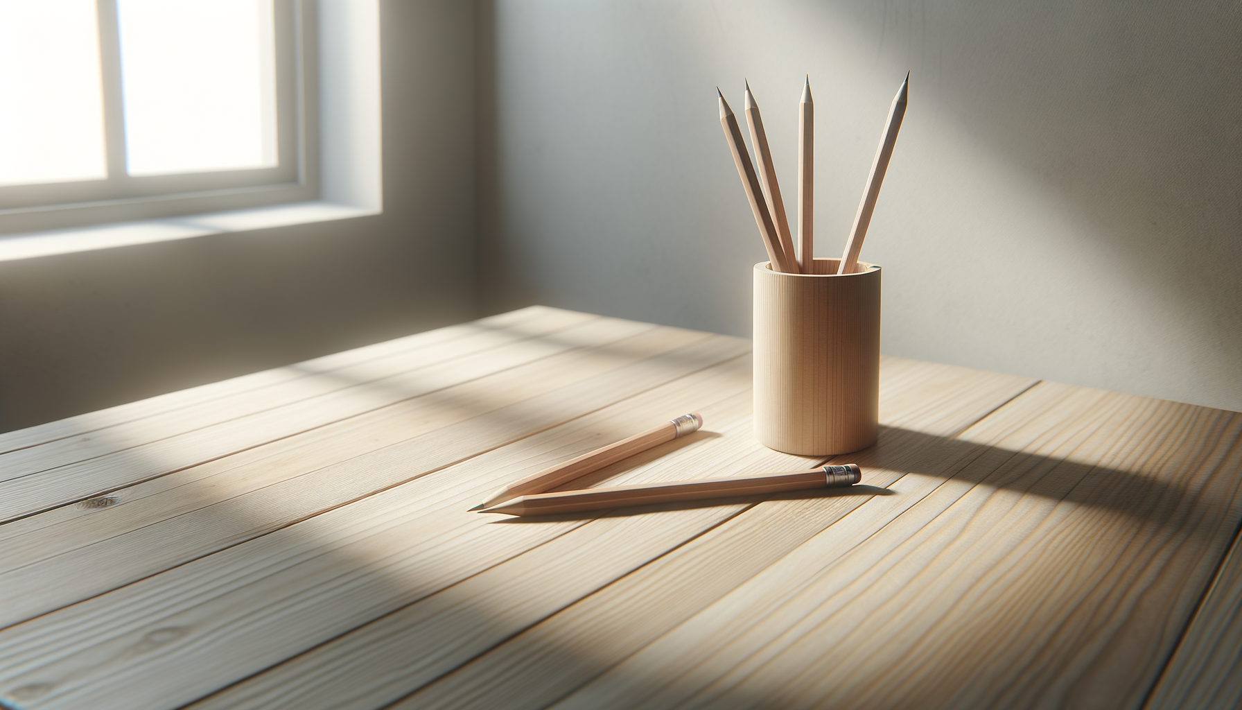 A wooden desk with a pencil holder containing several pencils and two loose pencils on the desk, near a window with sunlight streaming in.