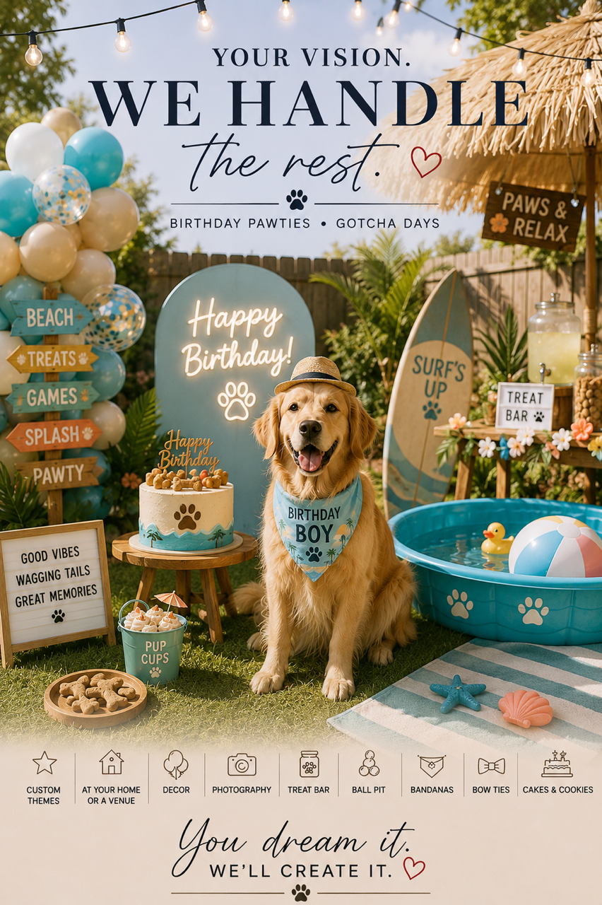 A backyard birthday party scene for a dog, decorated with balloons, a cake, a dog in a birthday bandana, and outdoor decorations featuring a surfboard, small pool, and signs with messages like 'Happy Birthday' and 'We Handle the Rest'.