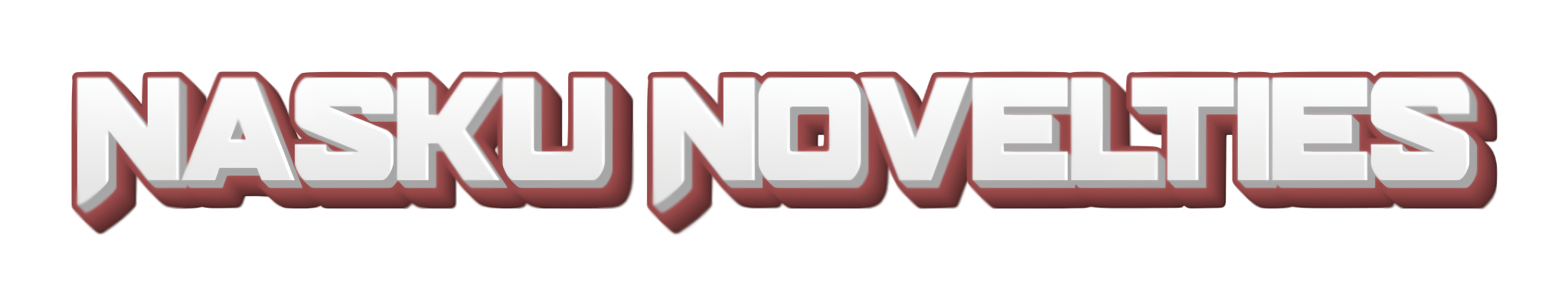 Bold 3D text spelling 'NASKU NOVELTIES' with a metallic appearance, red shadow, and black background.