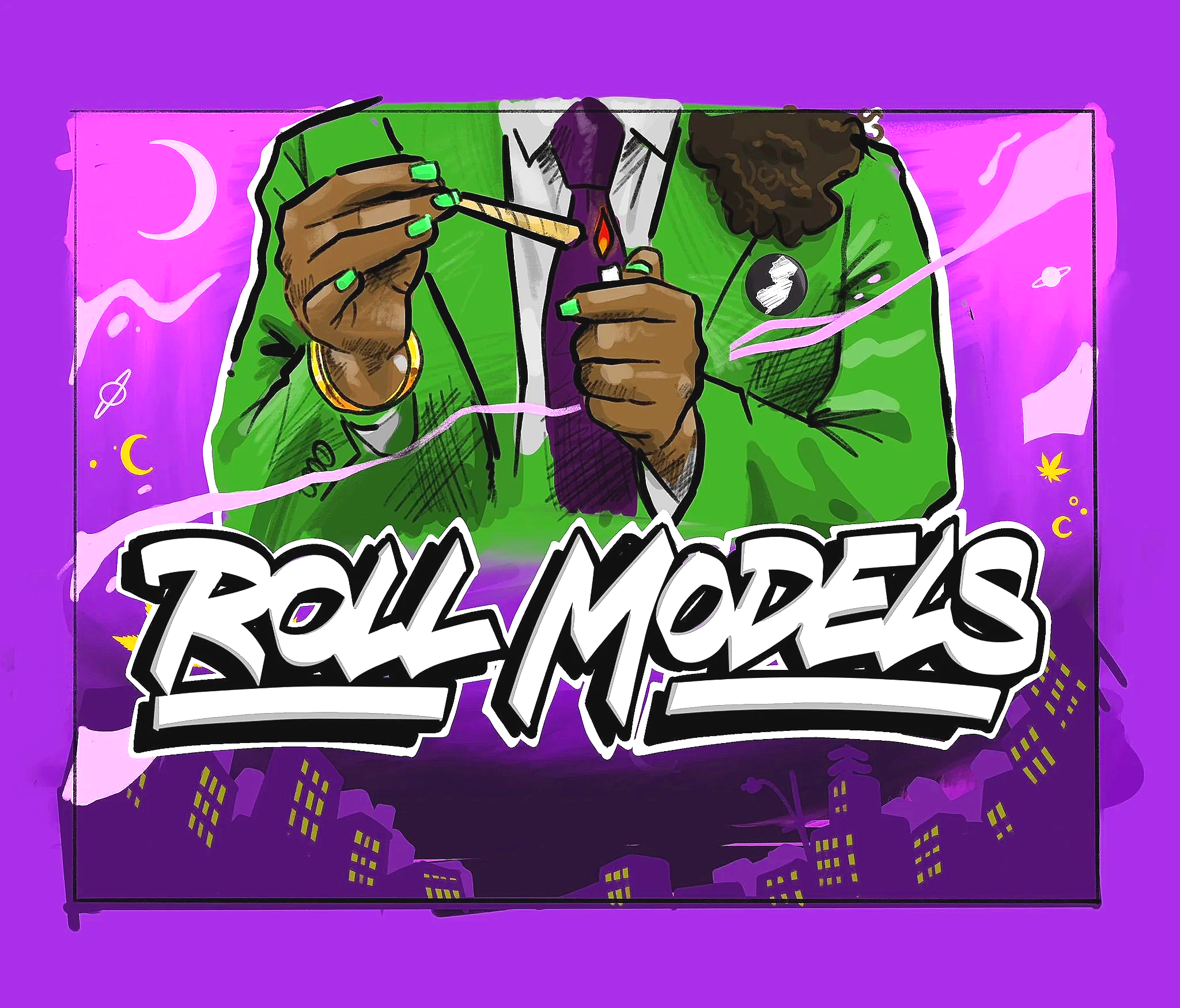 Colorful illustrated poster featuring a person in a green jacket, white shirt, and purple tie holding a lit cigarette. The background is purple with city skyline silhouettes, moon, and stars, and there is bold, stylized text.