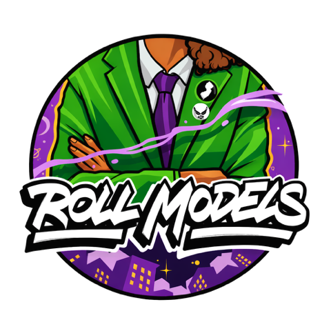 Illustration of a person in a green jacket with purple tie and accessories, crossing arms, with the text 'Roll Models' below, set against a cityscape background with purple and yellow accents.
