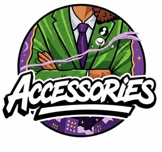A logo featuring a person in a green pinstripe suit with a purple tie, crossing their arms. The logo has the word 'ACCESSORIES' in bold stylized text at the bottom, with a background of a cityscape and night sky with stars and a bat silhouette.