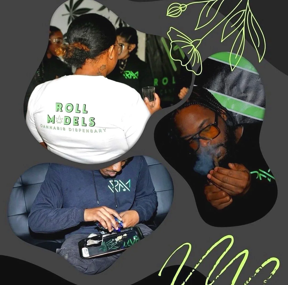 Colleagues in a cannabis dispensary engaging with various activities, including checking a tablet, smoking, and holding a glass, with a dark background and neon green decorative elements.