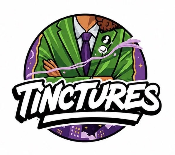 Logo featuring a stylized man in a green suit with a purple tie, crossed arms, with a cityscape and night sky in the background, and the word 'TINCTURES' in bold white letters.